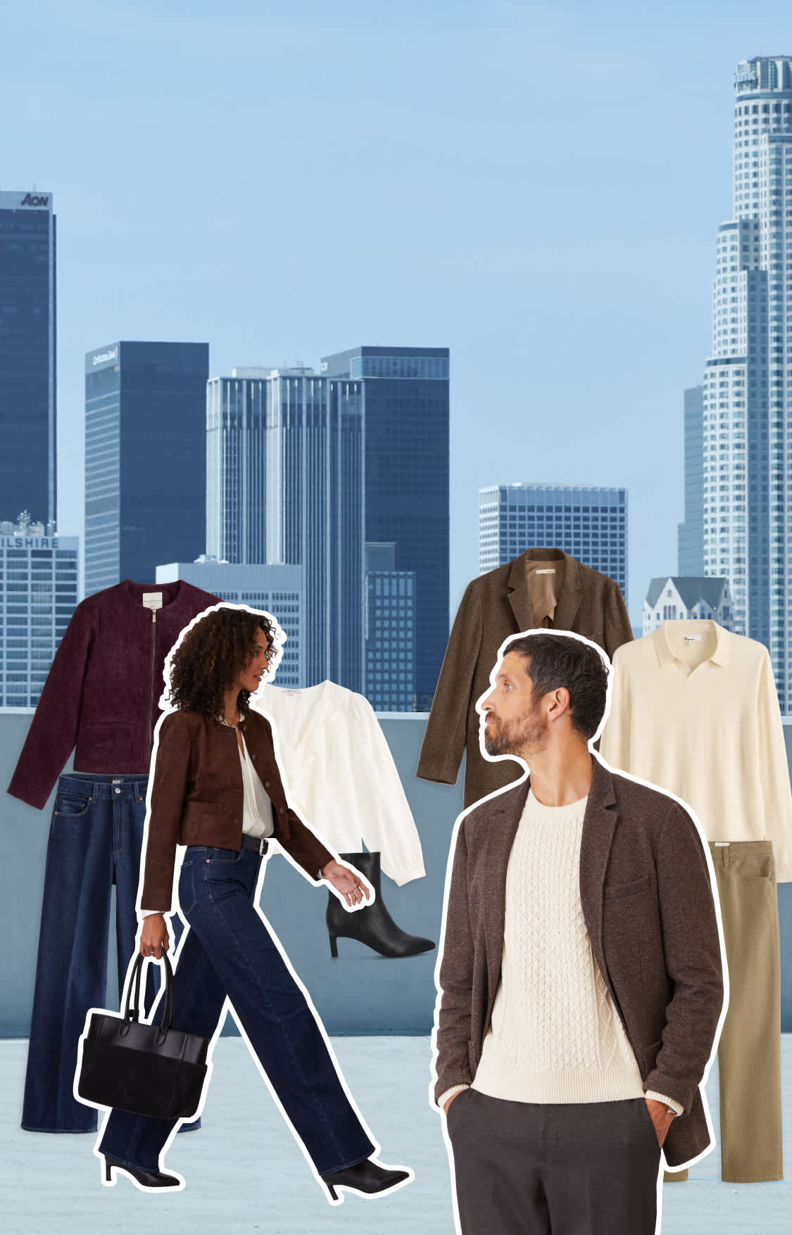 Stitch Fix hero image of a city skyline background with collaged models and styles overlayed on top. There is one woman model wearing an elevated workwear outfit—a white blouse, sueded jacket, dark-wash wide-leg jeans, black boots and a black tote. The other woman model is wearing a brown polka dot dress and cream studded bag. Styles featured include a white blouse, sueded jacket, dark-wash wide-leg jeans, black boots, cowl-neck top and a black tote. There is also a male model wearing a modern work outfit including a white sweater, brown speckled blazer and grey trousers. The other male model is wearing a printed button-down tucked into sleek trousers with black loafers.
