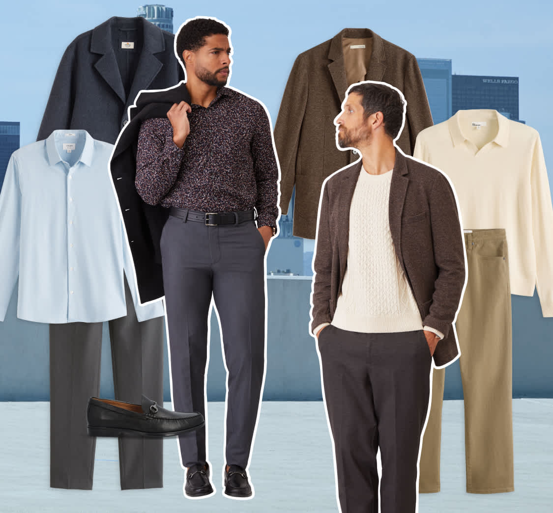 Stitch Fix hero image of a city skyline background with collaged male models and styles overlayed on top. There is one male model wearing a modern work outfit including a white sweater, brown speckled blazer and grey trousers. The other male model is wearing a printed button-down tucked into sleek trousers with black loafers.