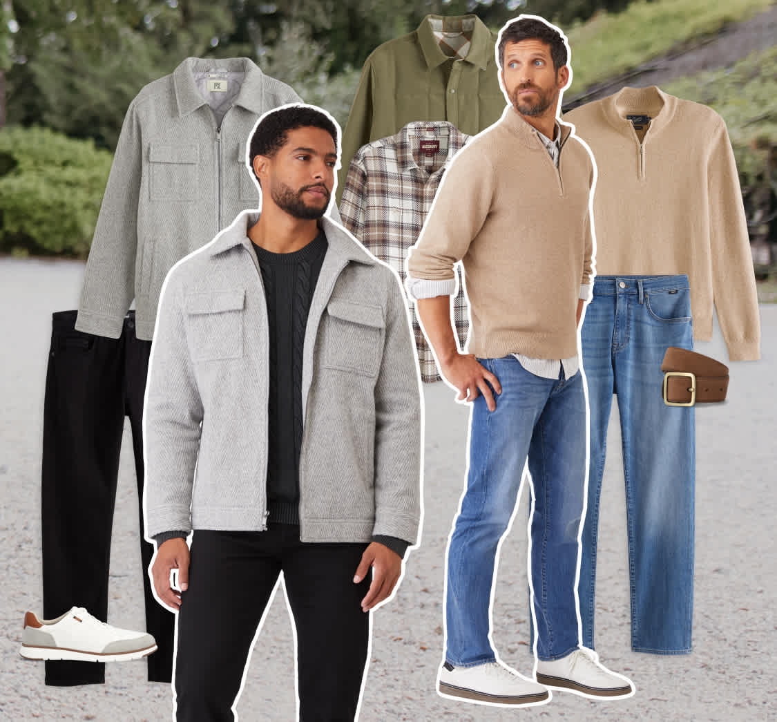 Stitch Fix hero image of a park with trees background with collaged models and styles overlayed on top. There is one male model wearing a button-down with a tan quarter-zip on top, blue jeans and white sneakers. The other male model is wearing a black textured sweater and gray jacket with black jeans.