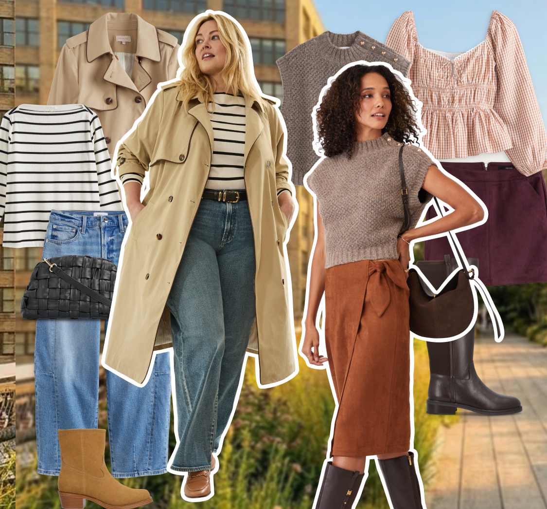 Stitch Fix hero image of a city building background with collaged women models and styles overlayed on top. One is wearing a striped long-sleeve top, jeans, trench coat, blue jeans and tan loafers. The other woman is wearing a short-sleeve sweater top, tie skirt in rust and tall brown boots and shoulder bag.