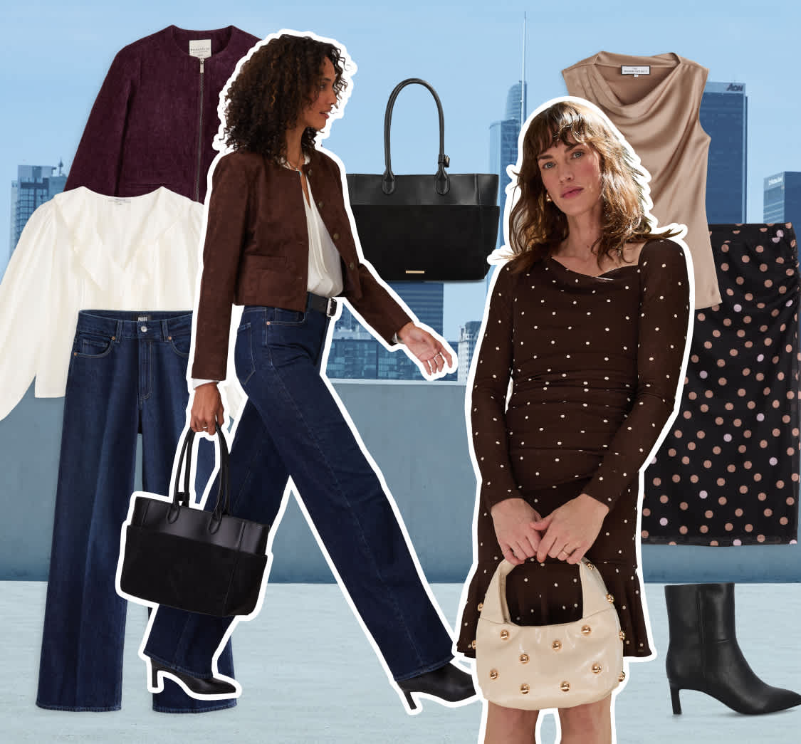 Stitch Fix hero image of a city skyline background with collaged women models and styles overlayed on top. There is one woman model wearing an elevated workwear outfit—a white blouse, sueded jacket, dark-wash wide-leg jeans, black boots and a black tote. The other woman model is wearing a brown polka dot dress and cream studded bag.