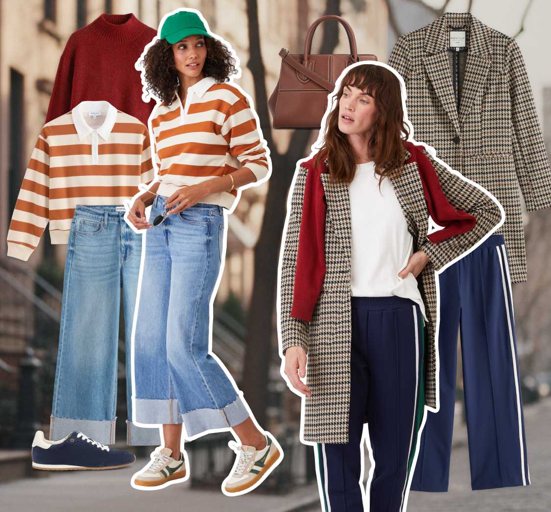 Stitch Fix hero image of a city apartment background with collaged woman models and styles overlayed on top. There is one woman model wearing an elevated everyday outfit including a green baseball cap, striped long-sleeve top, light-wash cuffed jeans and sneakers. The other woman model is in a white tee, houndstooth printed coat and red sweater around her shoulders with blue tracksuit pants.