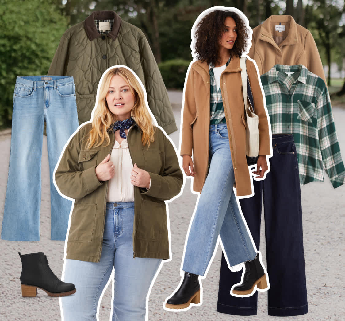 Stitch Fix hero image of a park with trees background with collaged women models and styles overlayed on top. There is one woman model wearing a white blouse, green jacket, blue neck tie and light-washed jeans. The other woman model is wearing a green flannel, camel colored coat, blue jeans and black heeled boots.