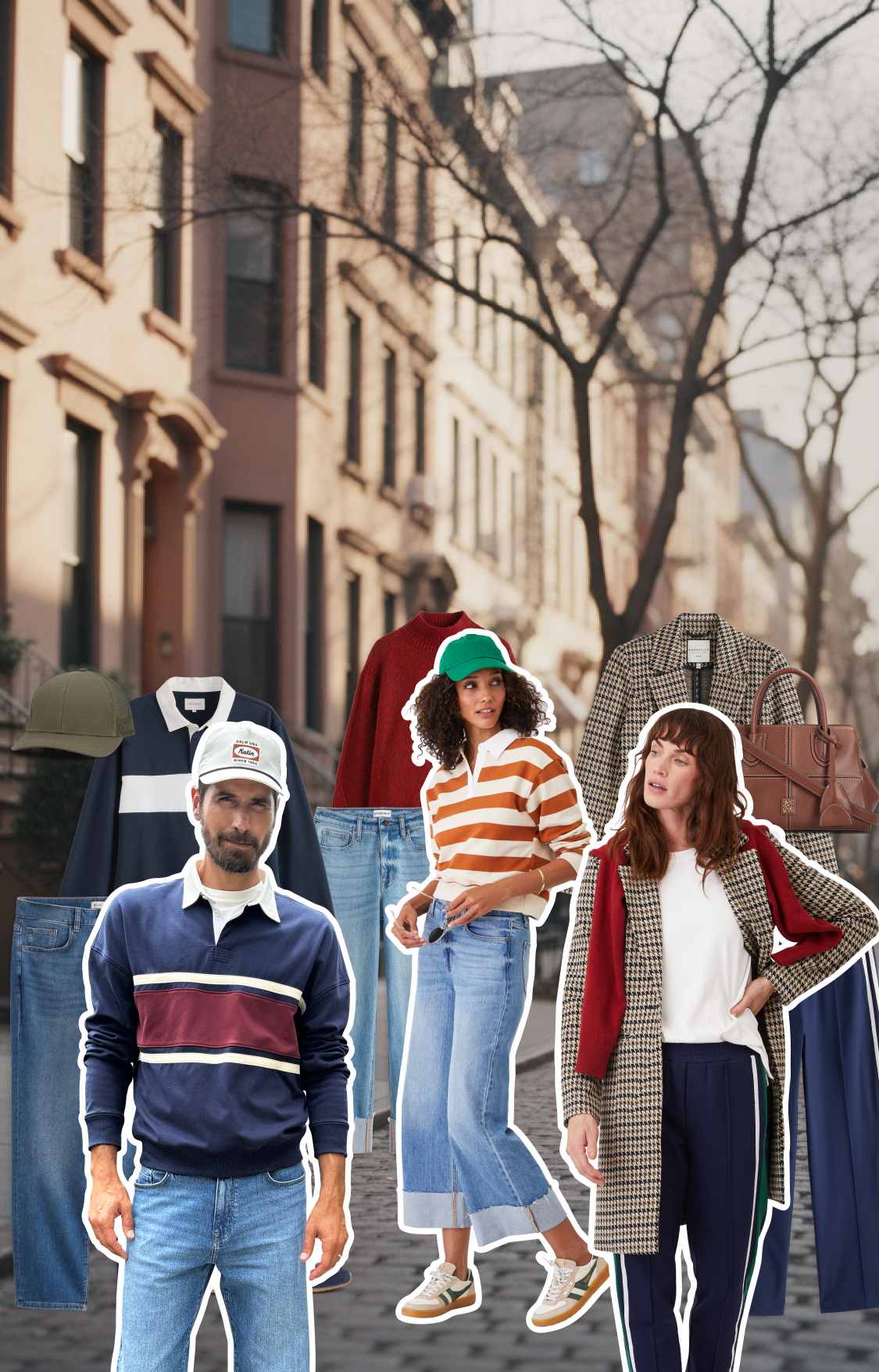Stitch Fix hero image of a city apartment background with collaged models and styles overlayed on top. There is one woman model wearing an elevated everyday outfit including a green baseball cap, striped long-sleeve top, light-wash cuffed jeans and sneakers. The other woman model is in a white tee, houndstooth printed coat and red sweater around her shoulders with blue tracksuit pants. There is also a male model wearing a a rugby-style sweater, white baseball cap and blue jeans.