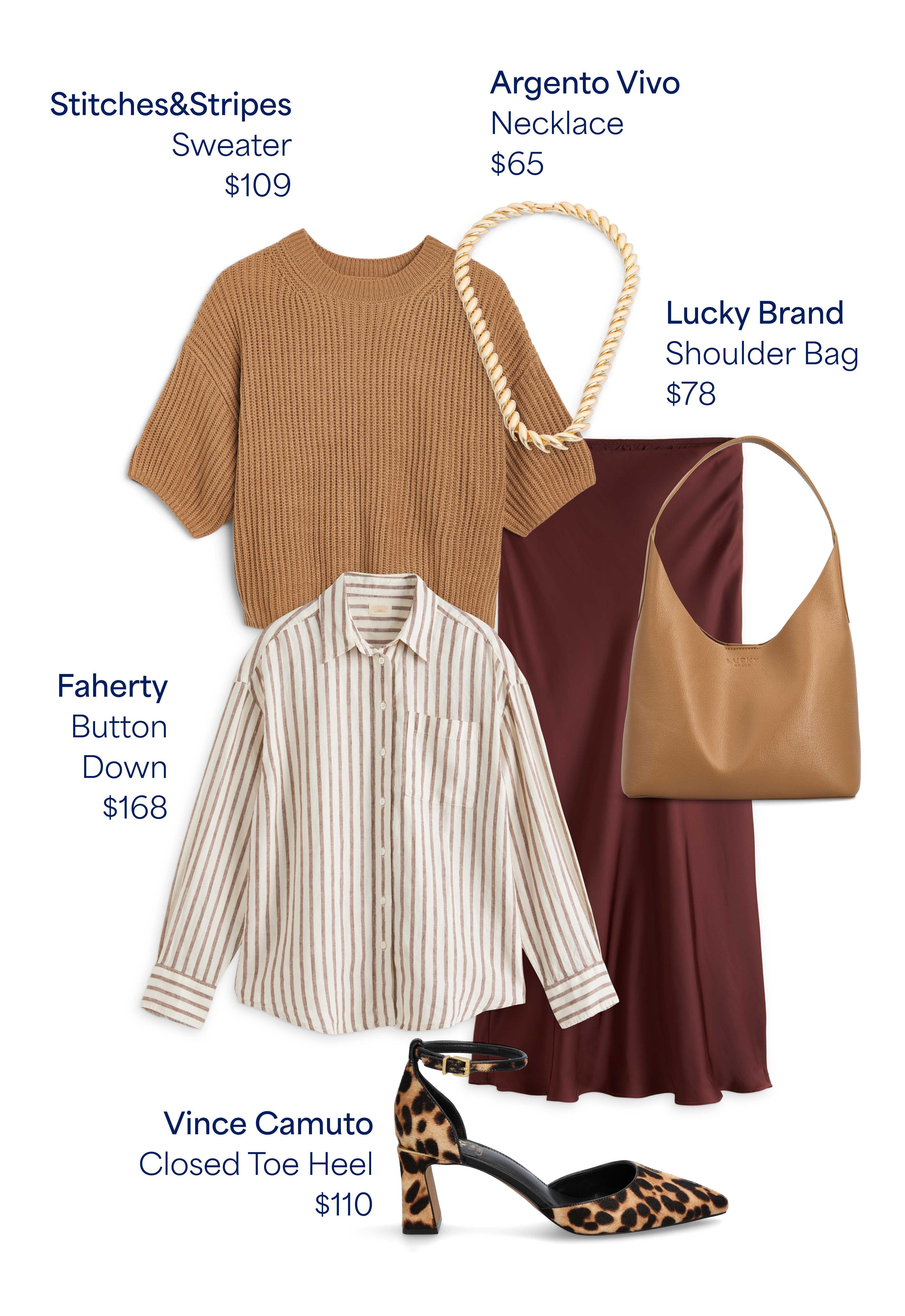 Stitch Fix outfit flat lay showcasing chic, refined staples: Pistola Turtleneck Sweater ($168), Faherty Button Down ($168), Argento Vivo Necklace ($65), Lucky Brand Shoulder Bag ($78), and Vince Camuto Closed Toe Heel ($110). A polished neutral look for day or night.