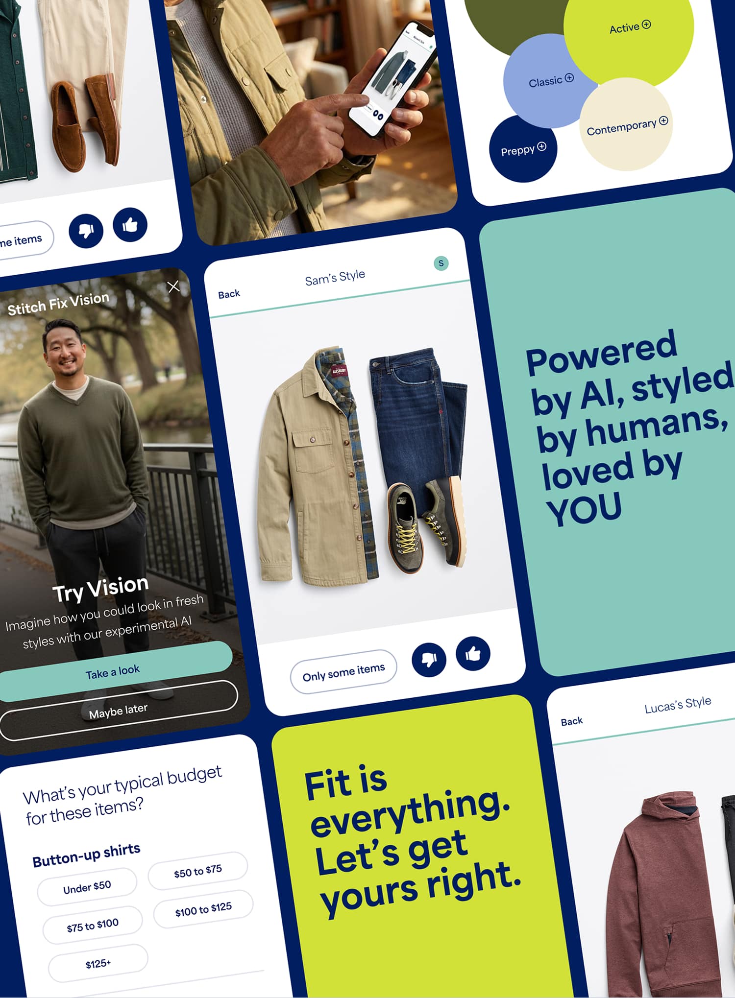 Collage of Stitch Fix style quiz screens showing how men share preferences and explore outfits. Images include clothing items arranged together, a person browsing outfit options on a smartphone, and a style preference diagram with overlapping categories such as Active, Classic, Contemporary, and Preppy. Other panels show quiz screens with outfit recommendations, a “Try Vision” screen inviting users to imagine themselves in new styles using AI, budget selection options for items like button-up shirts, and messaging that emphasizes fit and personalized styling.