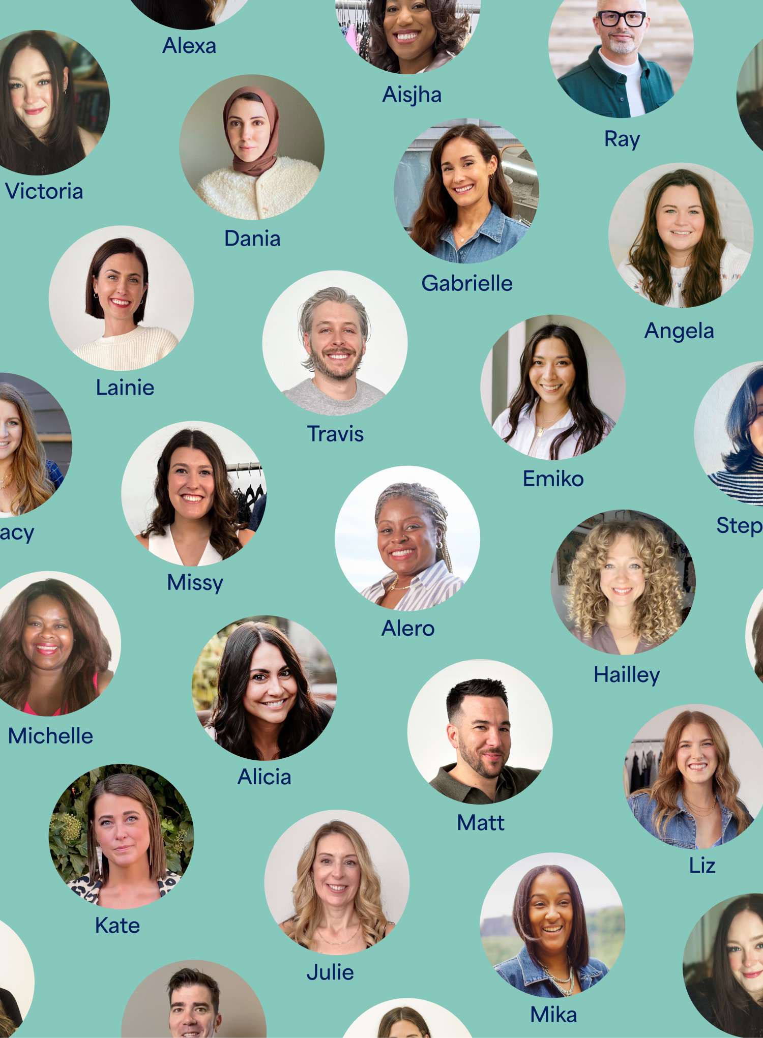 Grid of circular headshots of Stitch Fix stylists displayed on a teal background. Each portrait shows a smiling stylist, with their first name labeled below, including names such as Alexa, Aisjha, Ray, Dania, Gabrielle, Angela, Travis, Emiko, Missy, Alero, Alicia, Matt, Liz, Kate, Julie, Mika, and others. The collection highlights the diversity of the stylist team and the people behind the personalized styling experience.