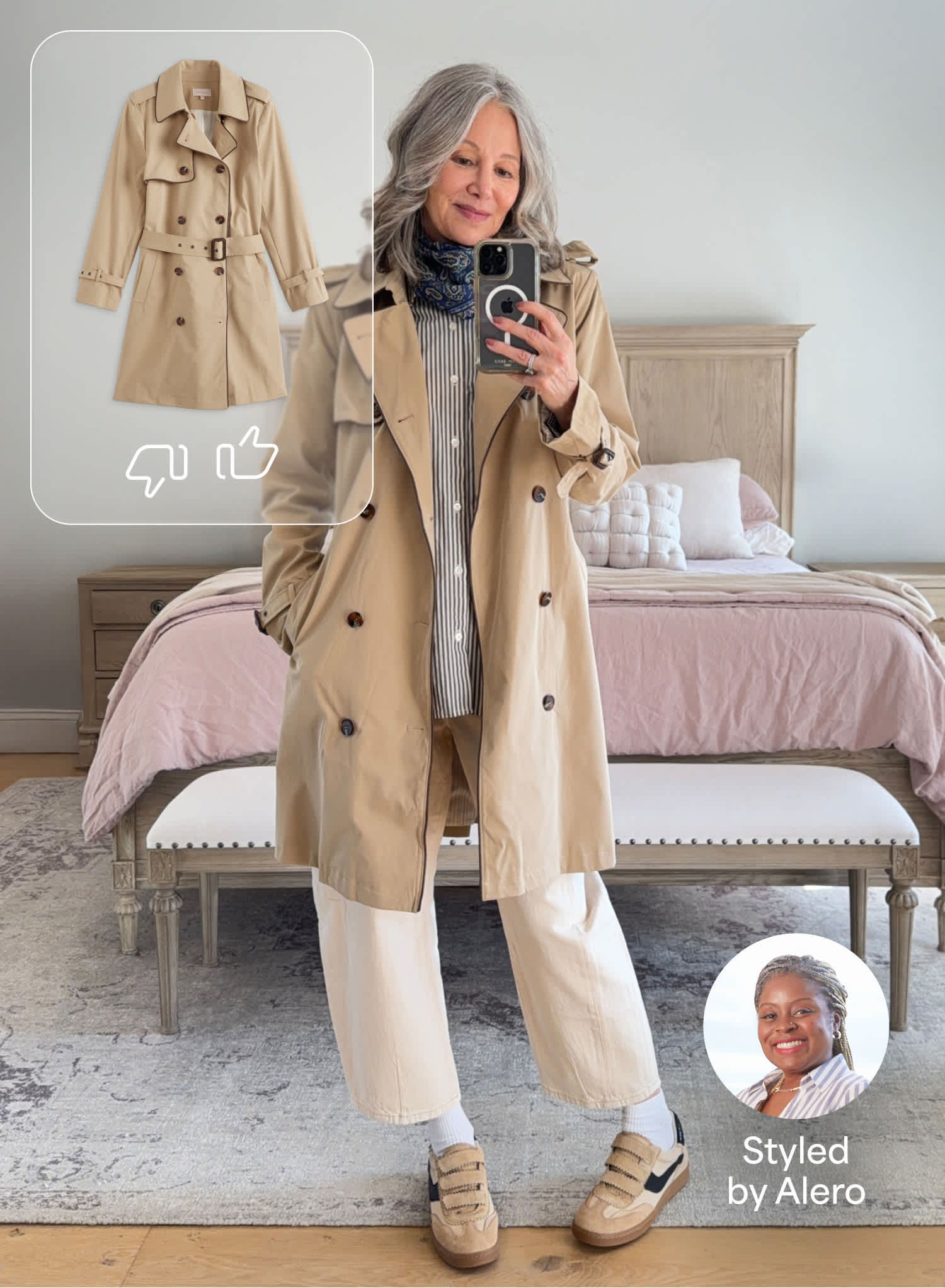 A woman takes a mirror selfie in a bedroom, wearing a beige trench coat layered over a striped shirt, light-colored wide-leg pants, and neutral sneakers. An inset image shows the same trench coat on its own, with thumbs-up and thumbs-down icons suggesting outfit feedback. Text on the image reads “Styled by Alero,” alongside a small circular headshot of the stylist, highlighting a personalized styling recommendation.