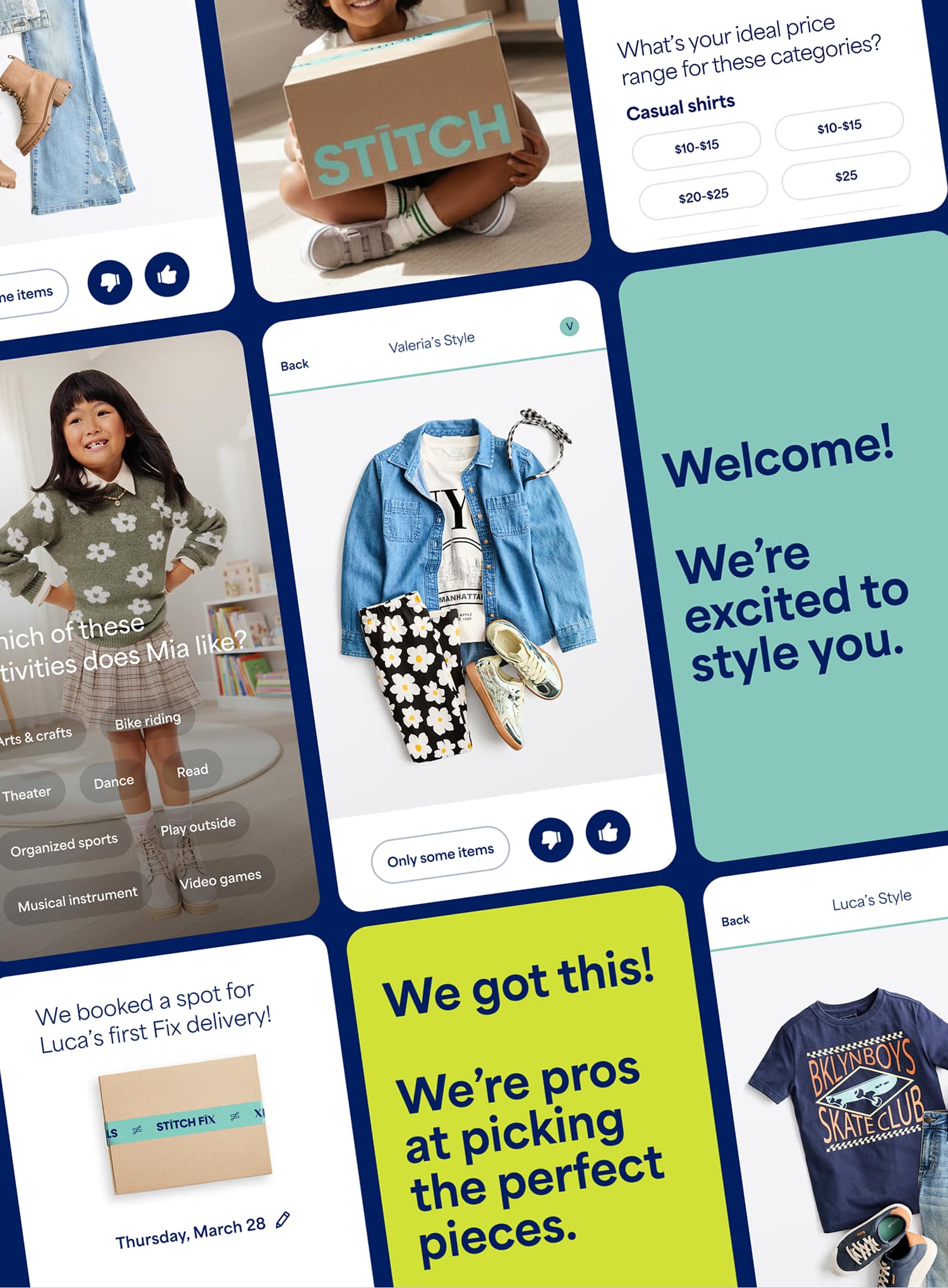 Collage of Stitch Fix style quiz screens showing how women clients share preferences and review outfits. Images include clothing items arranged together, a person scrolling through outfit options on a smartphone, and a style preference diagram with overlapping categories such as Romantic, Boho, Edgy, Classic, and Preppy. Other panels show quiz screens with outfit suggestions, a “Try Vision” screen inviting users to imagine themselves in new styles using AI, budget selection options for items, and messages emphasizing fit and personalized styling.