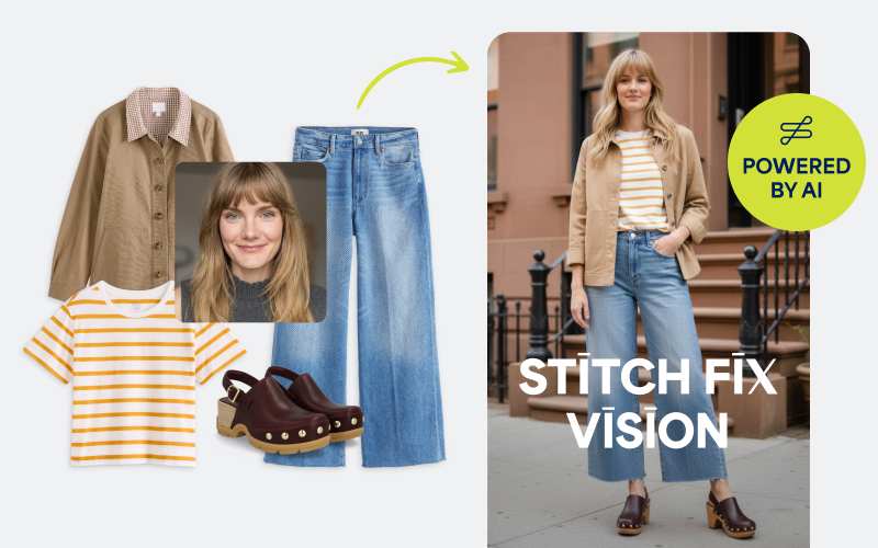 Individual clothing items with woman's selfie with arrow to AI-generated Vision image of her in spring outfit including khaki jacket, light cropped jeans, clogs and striped t-shirt.