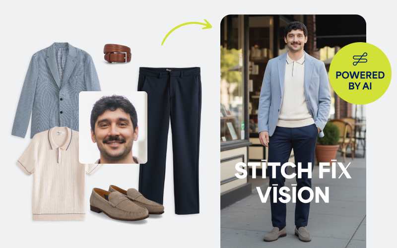 Individual clothing items with man's selfie with arrow to AI-generated Vision image of him in spring dressy outfit including light blue blazer, knit polo, navy chinos and grey loafers.