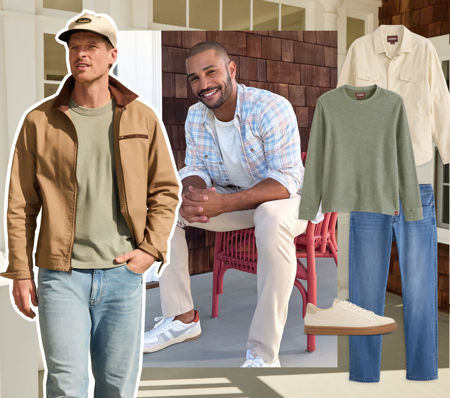 Image is a collage of two men models and a few Stitch Fix items on the backdrop of the front porch of a house. From left to right: the first man wears a baseball hat, tan barn jacket, green tee shirt, and blue jeans, and the second man wears a plaid button down shirt over a white tee shirt with tan trousers and white sneakers.