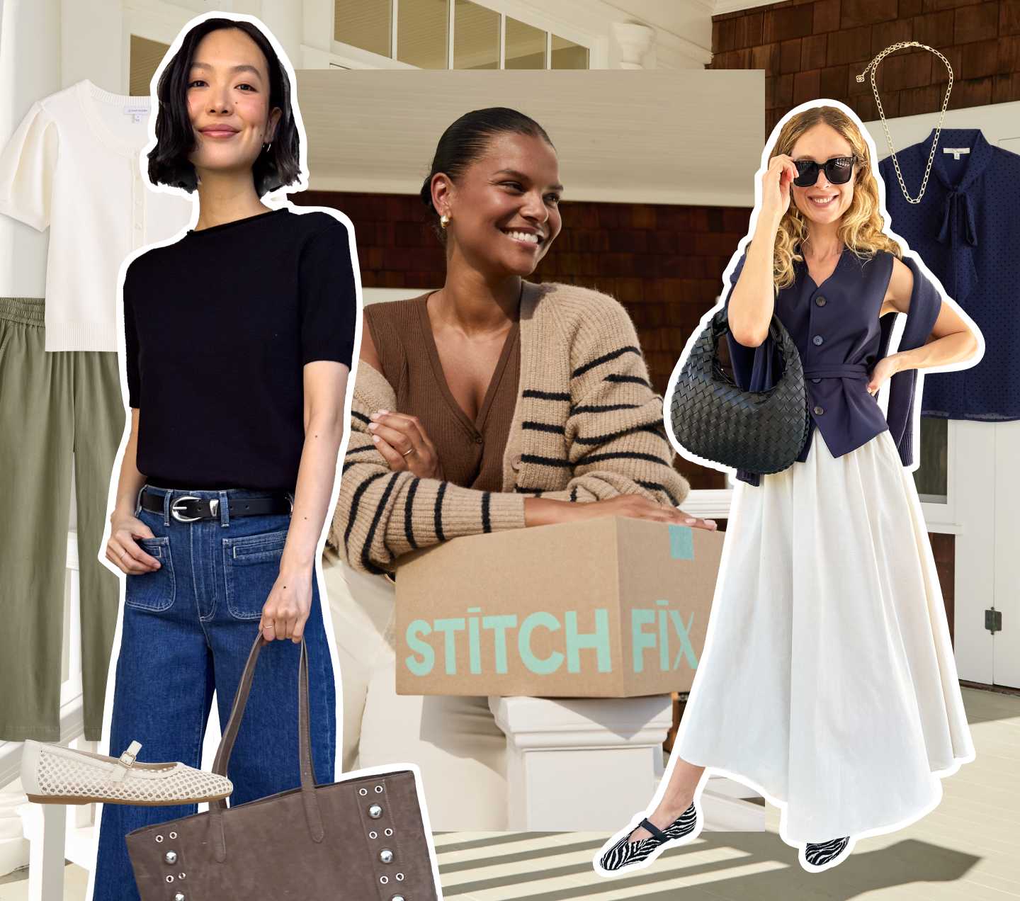 Image shows a collage of three woman models and some individual Stitch Fix items on a backdrop of the front porch of a house. From left to right: the first woman wears a black short-sleeve sweater with blue jeans and carries a large brown bag, the second woman wears a striped cardigan over a brown tank top, and rests her arms on a Stitch Fix box, the third woman wears a navy blue vest with a long white skirt and carries a small black bag.