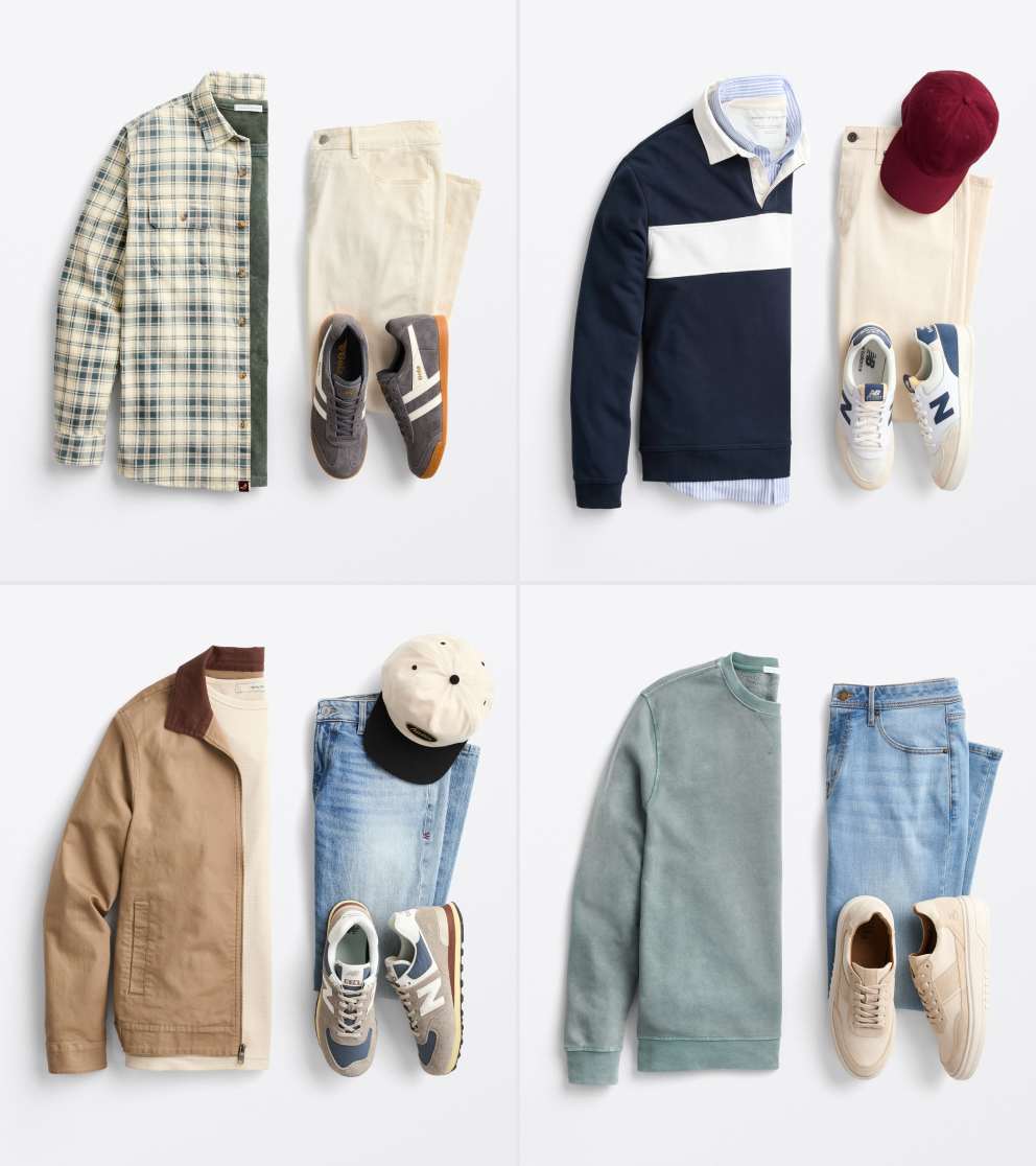 Image shows four Stitch Fix outfit laydowns for casual occasions. Pieces include a flannel shirt, rugby shirt, barn jacket and blue jeans.