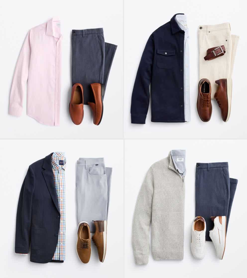 Image shows four Stitch Fix outfit laydowns for work. Pieces include a pair of brown loafers, a pair of white trousers, a navy blue blazer and a gray quarter-zip sweater.