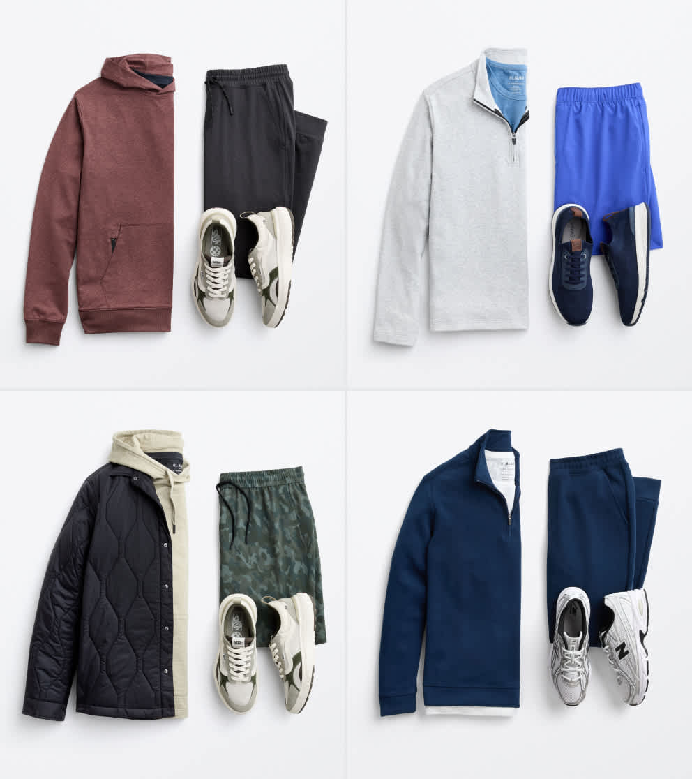 Image shows four Stitch Fix outfit laydowns for activewear. Pieces include a pair of black joggers, a pair of blue athletic shorts, a black jacket and a navy blue matching set.