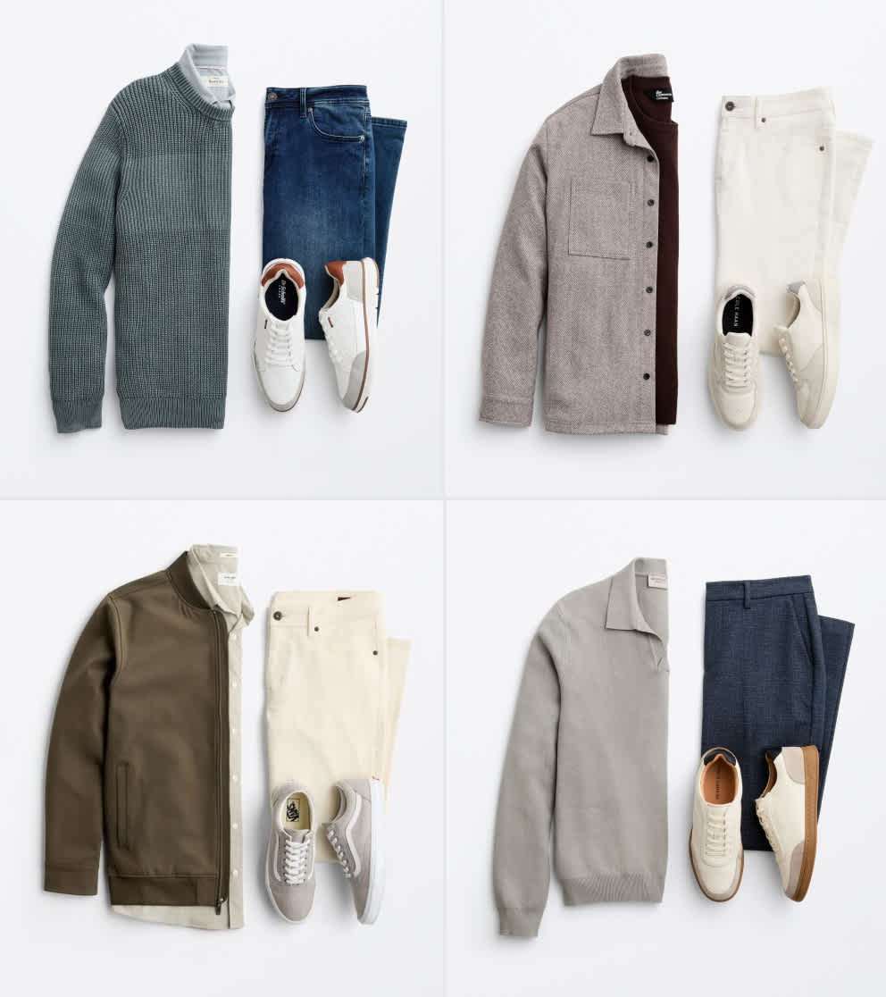 A flat lay image displays four coordinated men’s date-night outfits on a white background. The top left features a light gray knit polo, charcoal pants and beige loafers. The top right includes a maroon patterned button-down shirt, navy trousers and black loafers. The bottom left shows an olive bomber jacket layered over a green shirt with cream pants and gray sneakers. The bottom right outfit pairs a light blue collared sweater with dark trousers and dark sneakers.