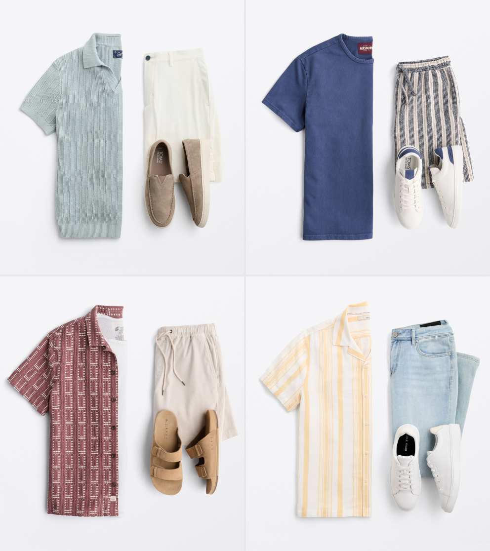 Image shows four Stitch Fix outfit laydowns for a vacation. Pieces include a blue polo shirt, a pair of striped shorts, a red patterned button-down, and a pair of tan sandals.