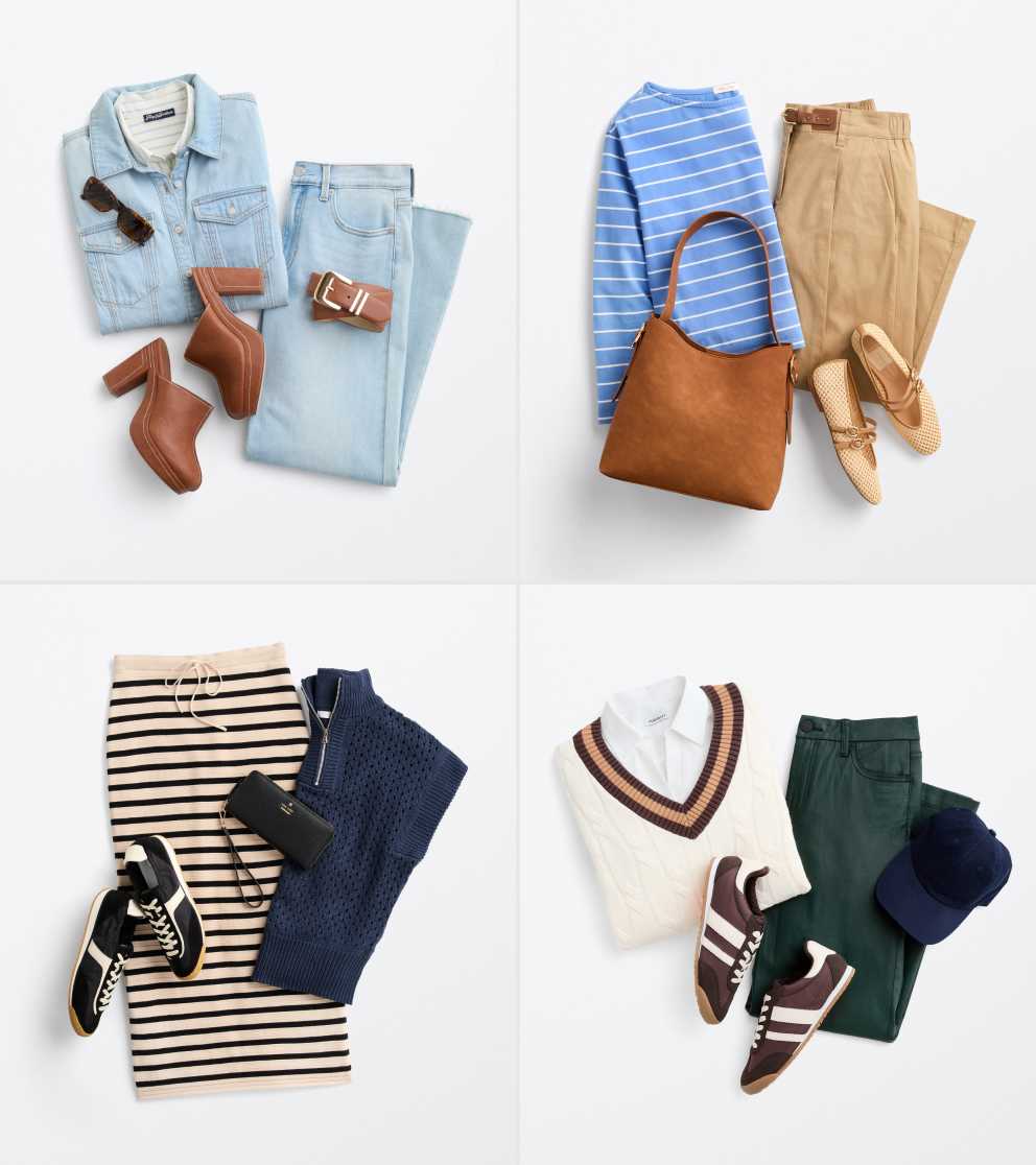 Image shows four Stitch Fix outfit laydowns for casual occasions. Pieces include jeans, a denim jacket, a striped shirt, a striped skirt, and a V-neck sweater.