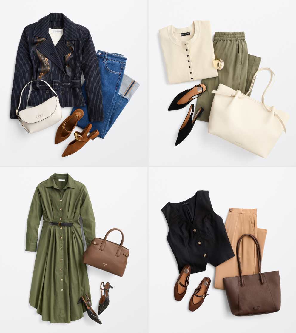 Image shows four Stitch Fix outfit laydowns for work. Pieces include a black blazer, a pair of slingback flats, a long green dress and a pair of brown trousers. 