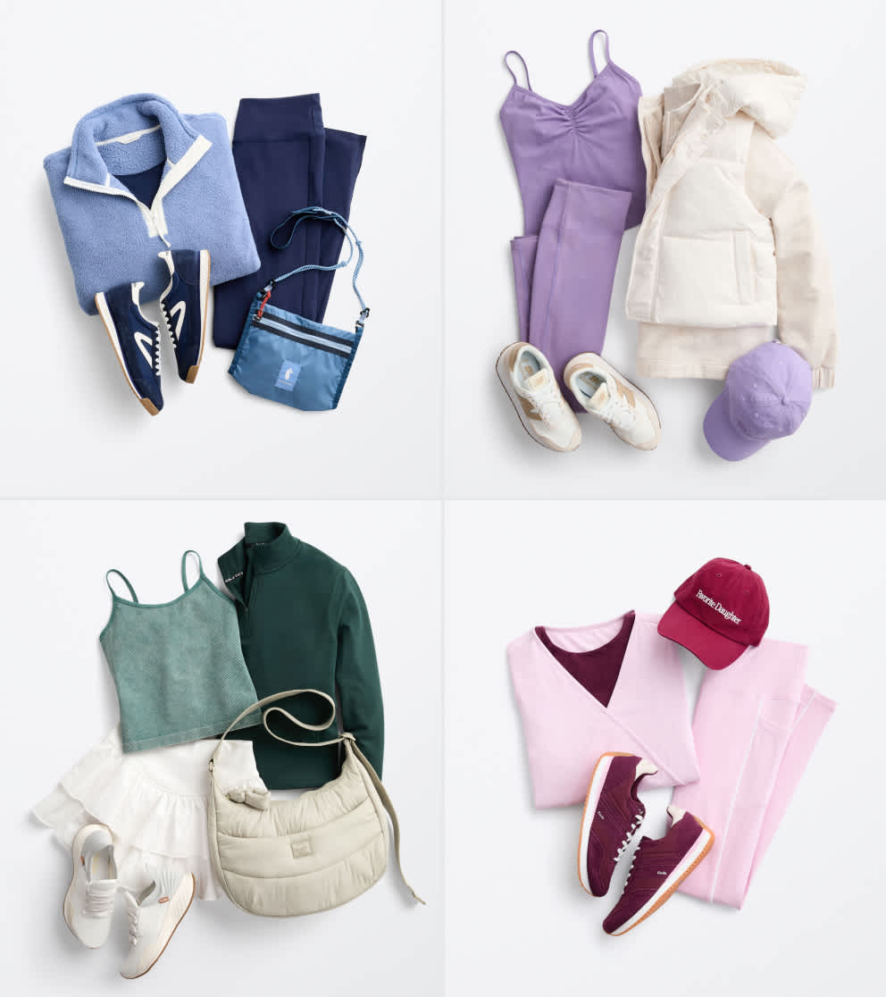 Image shows four Stitch Fix outfit laydowns for activewear. Pieces include a blue sweatshirt, a purple matching set, a quilted tote bag, and red sneakers.