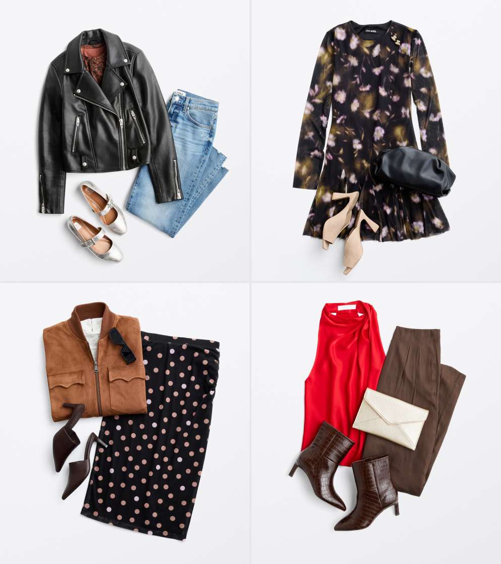 Image shows four Stitch Fix outfit laydowns for date night. Pieces include a black leather jacket, a long-sleeve black dress, a long dotted skirt and a red blouse.