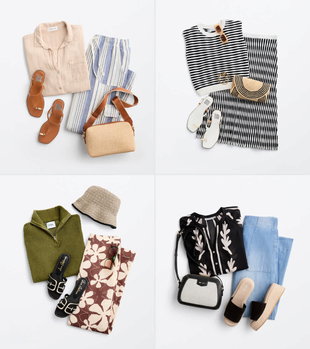 A flat lay image features four stylish women’s vacation outfits arranged in a grid. 