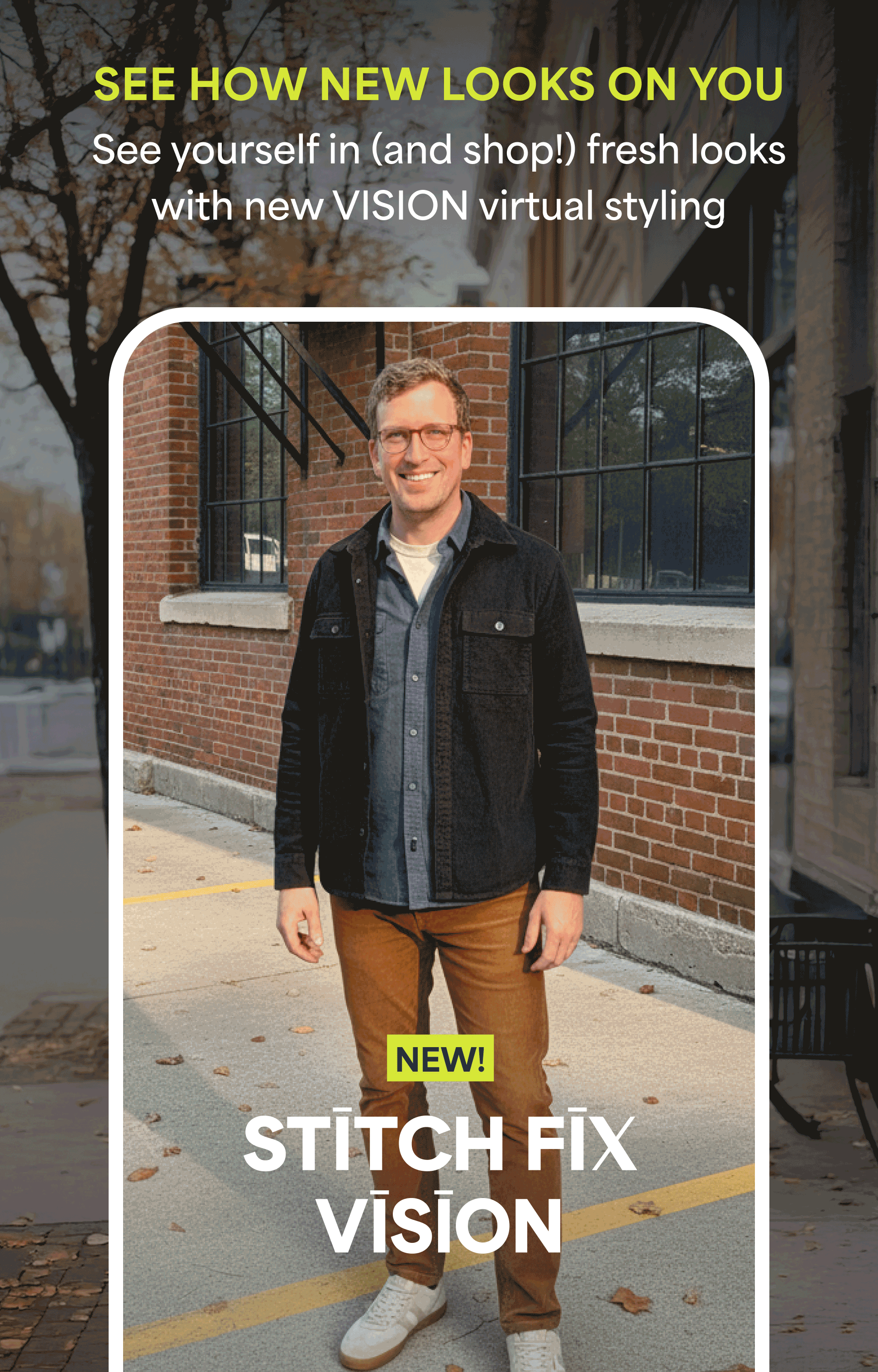 Animated Stitch Fix promotional graphic cycling through four looks on the same man in different outfits and settings. Text at the top reads, “See yourself in (and shop!) fresh looks with new VISION virtual styling"
