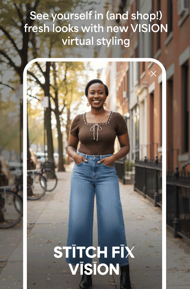AI-generated image of woman in cropped jeans and short-sleeve knit blouse. See yourself in (and shop!) fresh looks with VISION virtual styling