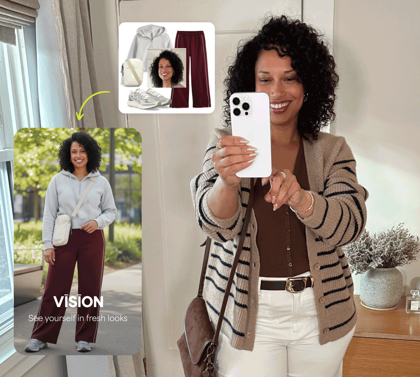 Woman taking selfie in mirror wearing striped cardigan and white jeans with arrow to AI-generated image of her in new athleisure outfit