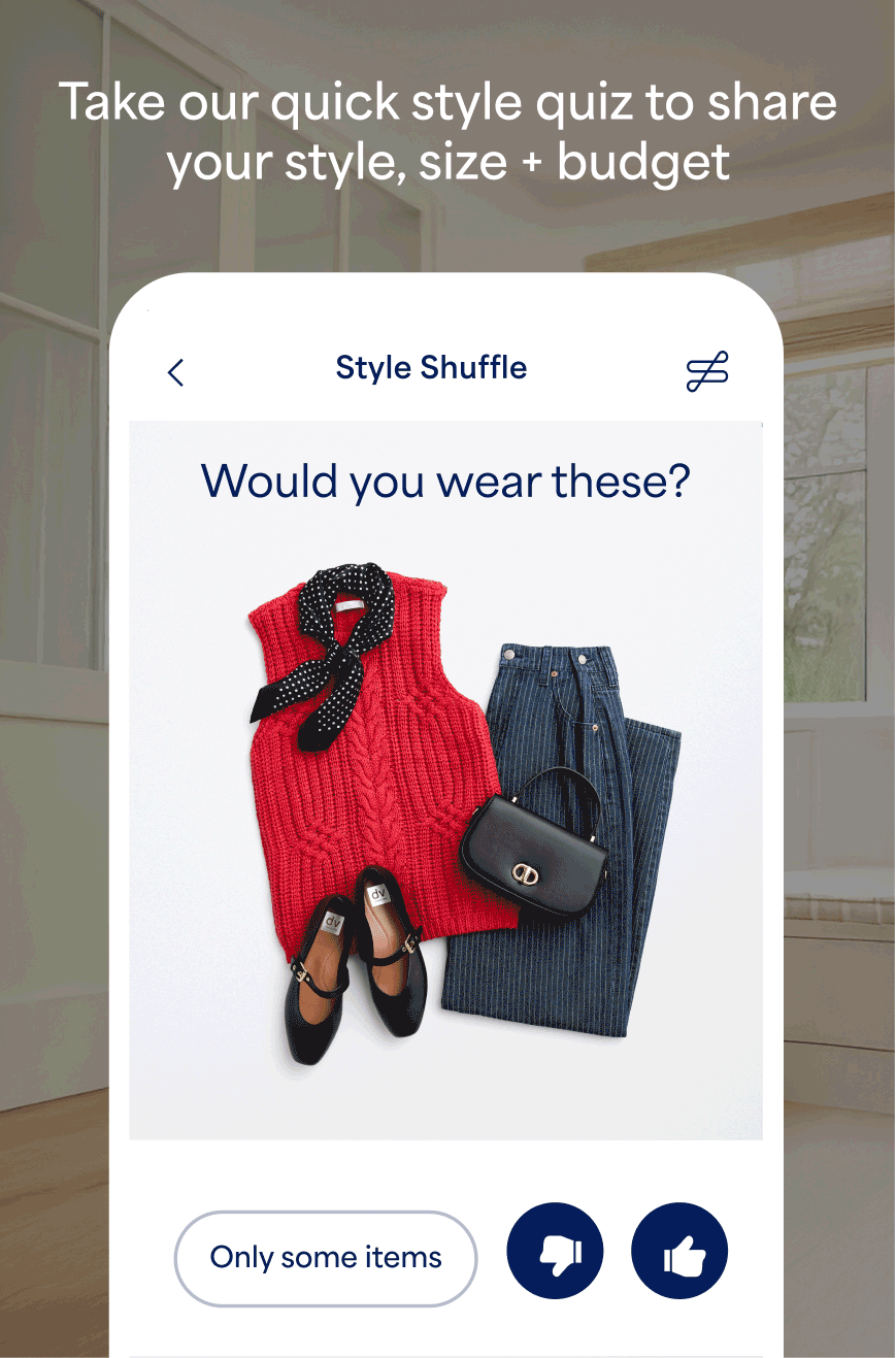 Women’s outfit laydown shown in phone user interface “Would you wear this?” . Take our quick style quiz to share your style, size + budget