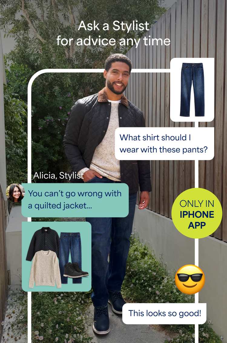 Man wearing barn jacket and jeans surrounded by graphics showing a text conversation between him and his Stylist. Ask a Stylist for advice any time. Only in iPhone app