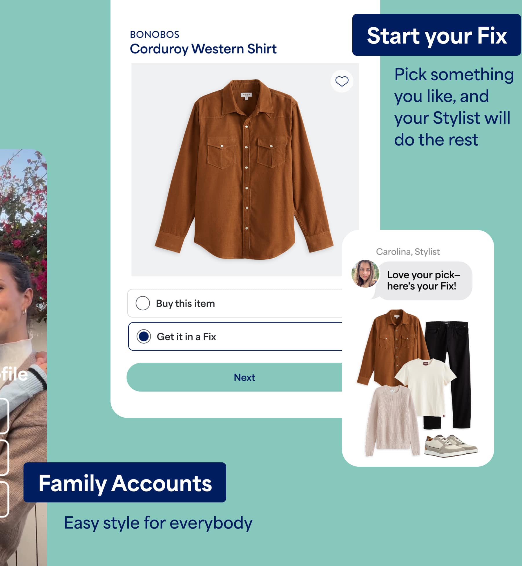 Stitch Fix app screens showing a product page labeled “BONOBOS Corduroy Western Shirt” under “Start your Fix.” Options include “Buy this item” or “Get it in a Fix.” Another screen shows “Add an adult or kids profile” with options for “Womens,” “Mens,” and “Kids.”