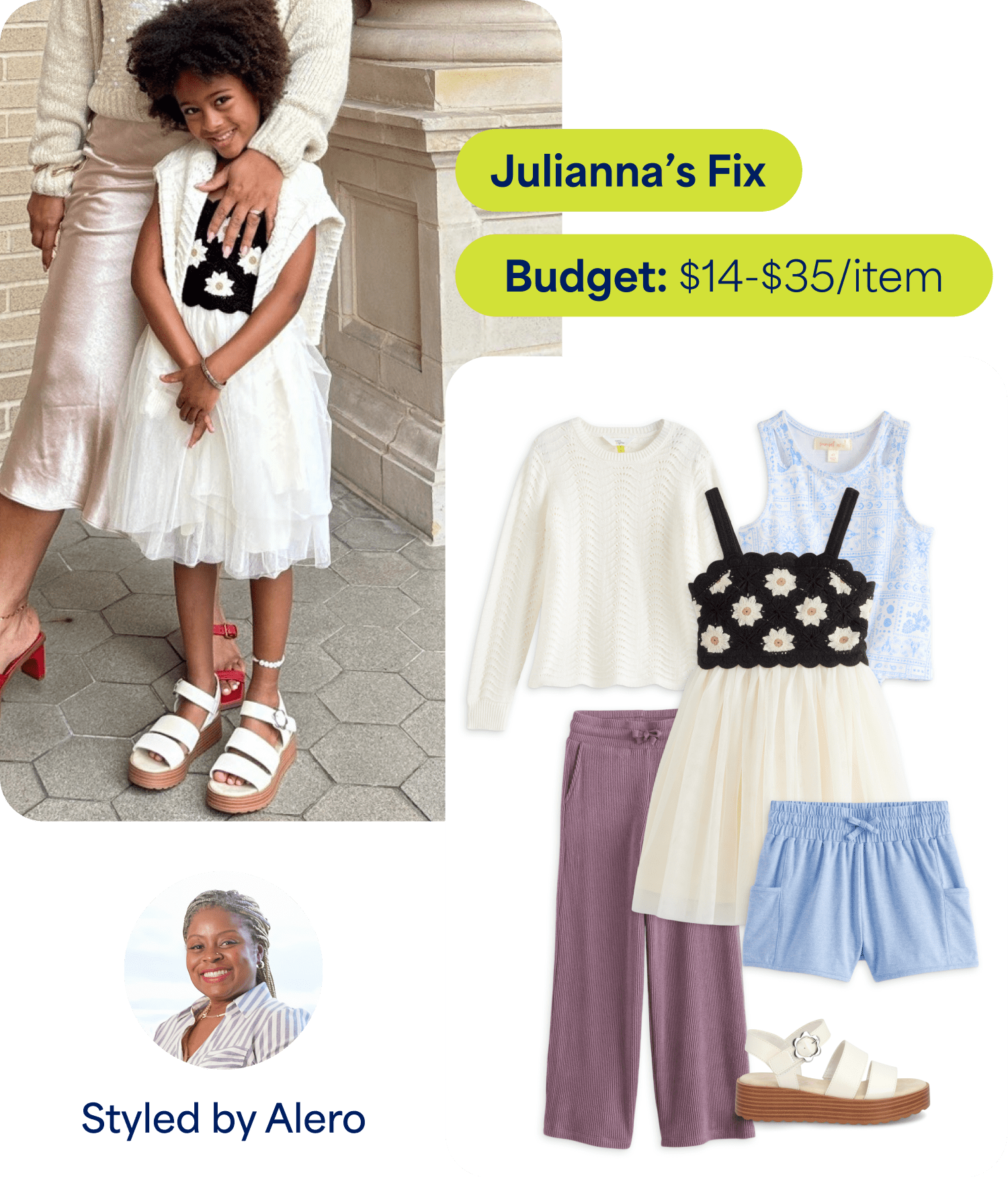 Young girl standing outdoors wearing a cream tulle dress with black floral detail and white platform sandals, standing beside an adult. Text reads ‘Julianna’s Fix’ and ‘Budget: $14–$35/item.’ Styling board shows a cream sweater, blue patterned sleeveless top, cream dress with black floral detail, purple pants, blue shorts, and white sandals. Text at bottom reads ‘Styled by Alero.