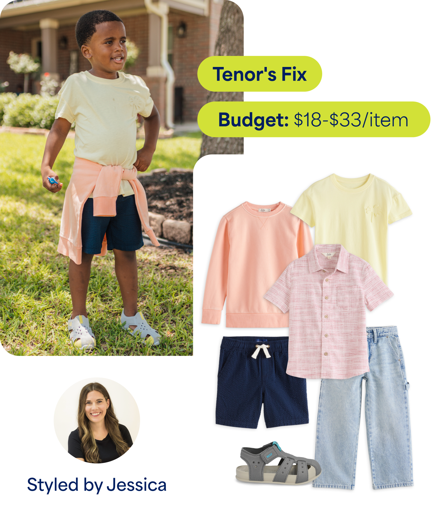 Young boy standing outdoors on grass wearing a light yellow t-shirt, navy shorts, sneakers, and a peach sweatshirt tied around his waist. Text reads ‘Tenor’s Fix’ and ‘Budget: $18–$33/item.’ Styling board shows a peach sweatshirt, yellow t-shirt, short-sleeve button-up shirt, navy shorts, light wash jeans, and gray sandals. Text at bottom reads ‘Styled by Jessica.’