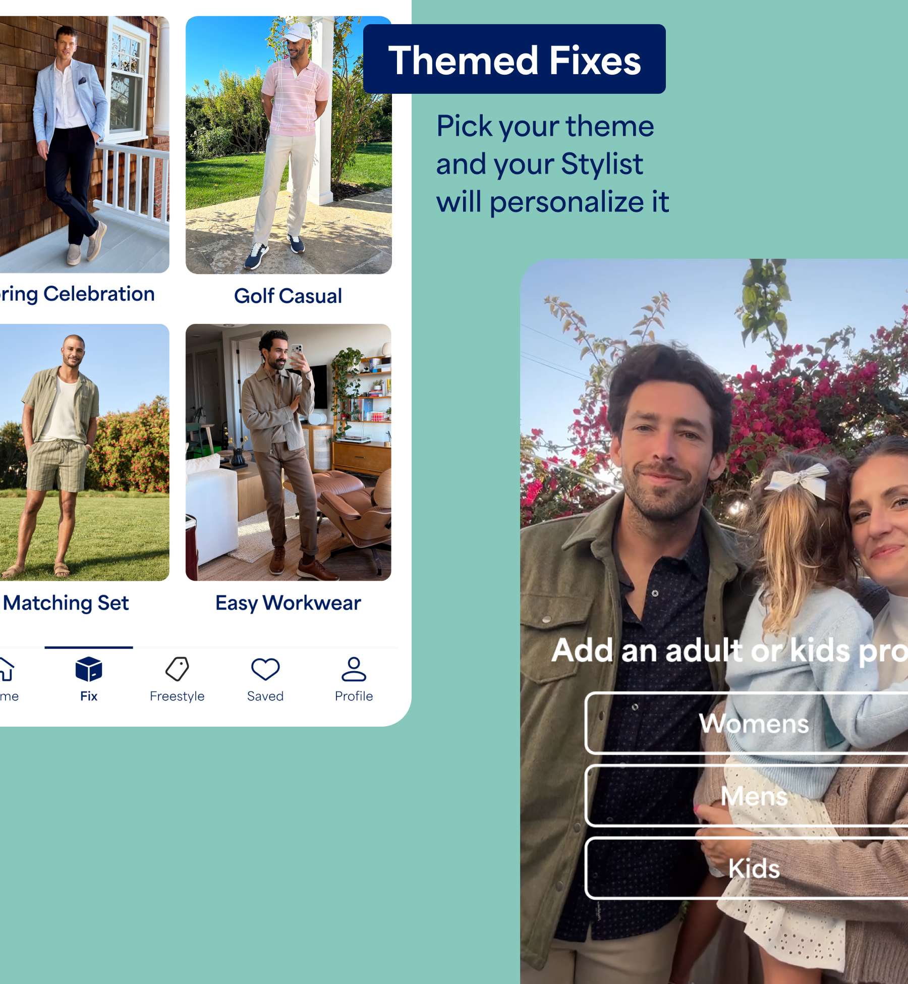 App screen titled “Themed Fixes” displays four outfit categories with lifestyle images: Spring Celebration (man in a light blazer and dark pants on a porch), Golf Casual (man in a pink polo and light pants outdoors), Matching Set (man in a coordinated short-sleeve set on grass), and Easy Workwear (man in a neutral outfit taking a mirror selfie indoors). Text reads “Pick your theme and your Stylist will personalize it.”