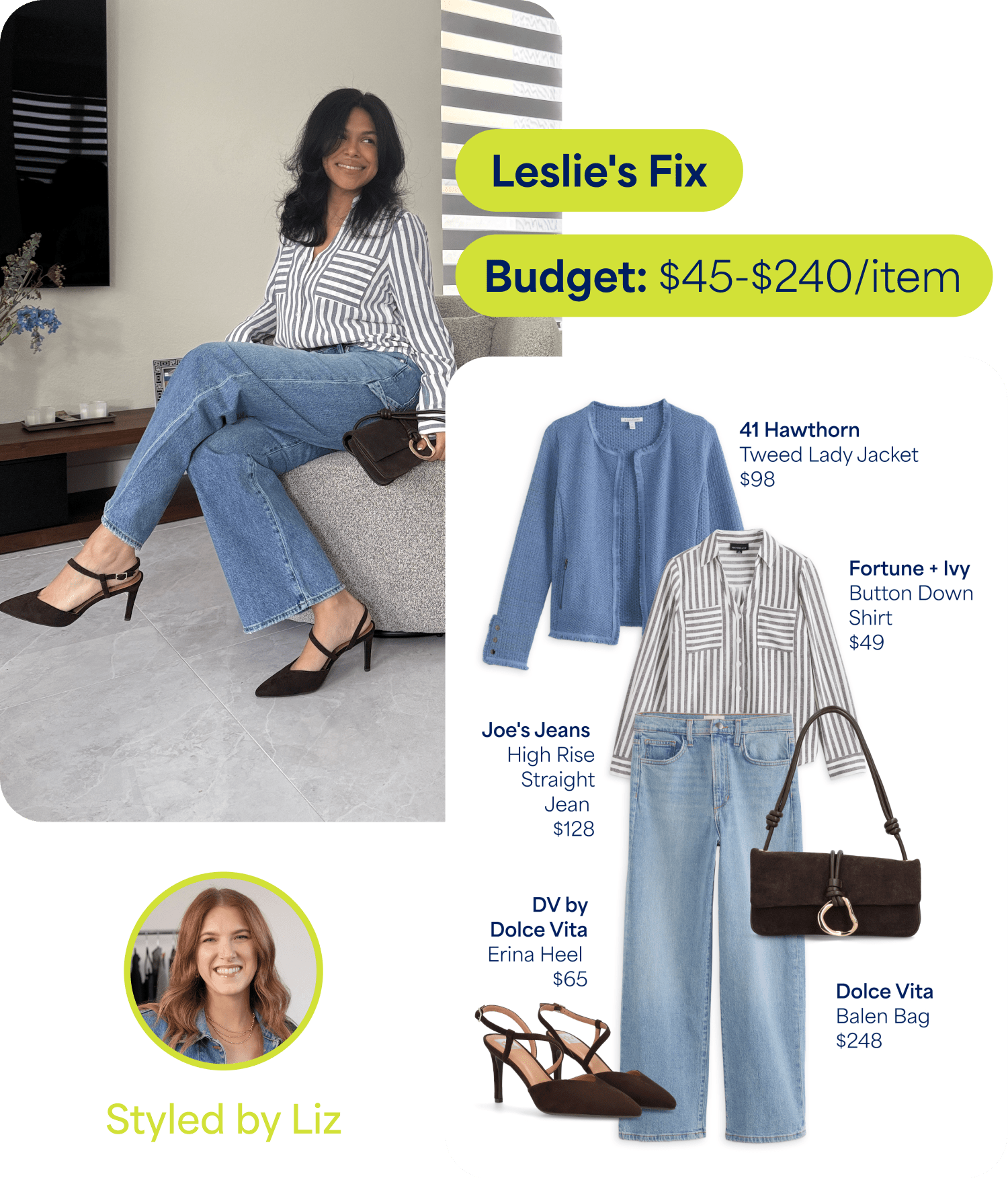 Woman sitting indoors wearing a white-and-gray striped button-down shirt, light blue straight-leg jeans, and brown slingback heels, holding a small brown handbag. Text reads “Leslie’s Fix” and “Budget: $45–$240/item.” Styling board shows: “41 Hawthorn Tweed Lady Jacket $98,” “Fortune + Ivy Button Down Shirt $49,” “Joe’s Jeans High Rise Straight Jean $128,” “DV by Dolce Vita Erina Heel $65,” and “Dolce Vita Balen Bag $248.” Text at bottom reads “Styled by Liz.”