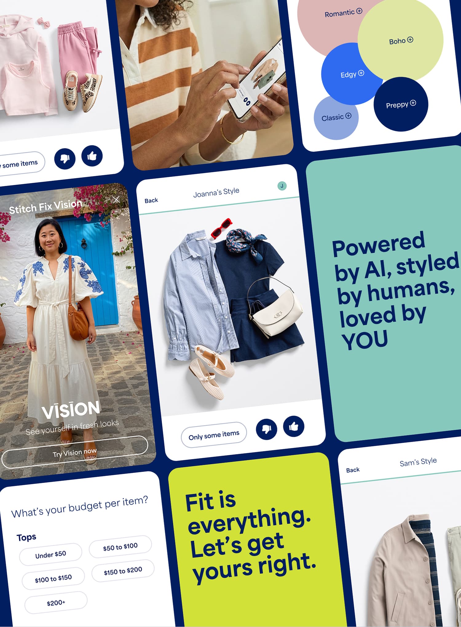 Collage of Stitch Fix style quiz and outfit screens showing how clients explore looks and share preferences. Images include a person selecting clothing on a smartphone, a style preference diagram with categories like Romantic, Boho, Edgy, Classic, and Preppy, a “Try Vision” screen previewing outfits, and curated outfit recommendations. Text reads “Powered by AI, styled by humans, loved by YOU” and “Fit is everything. Let’s get yours right.”