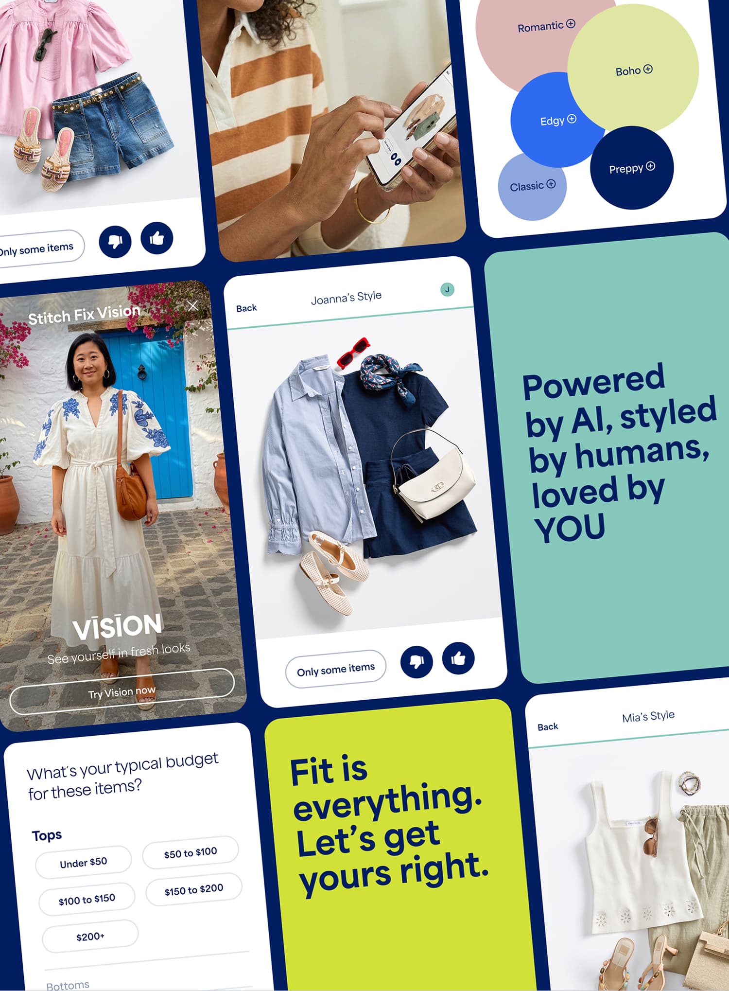 Collage of Stitch Fix women’s style quiz screens showing how clients share preferences and explore outfits. Images include a person selecting clothing on a smartphone, a style preference diagram with categories like Romantic, Boho, Edgy, Classic, and Preppy, a “Try Vision” preview, curated outfit suggestions, and budget selection options. Text reads “Powered by AI, styled by humans, loved by YOU” and “Fit is everything. Let’s get yours right.”