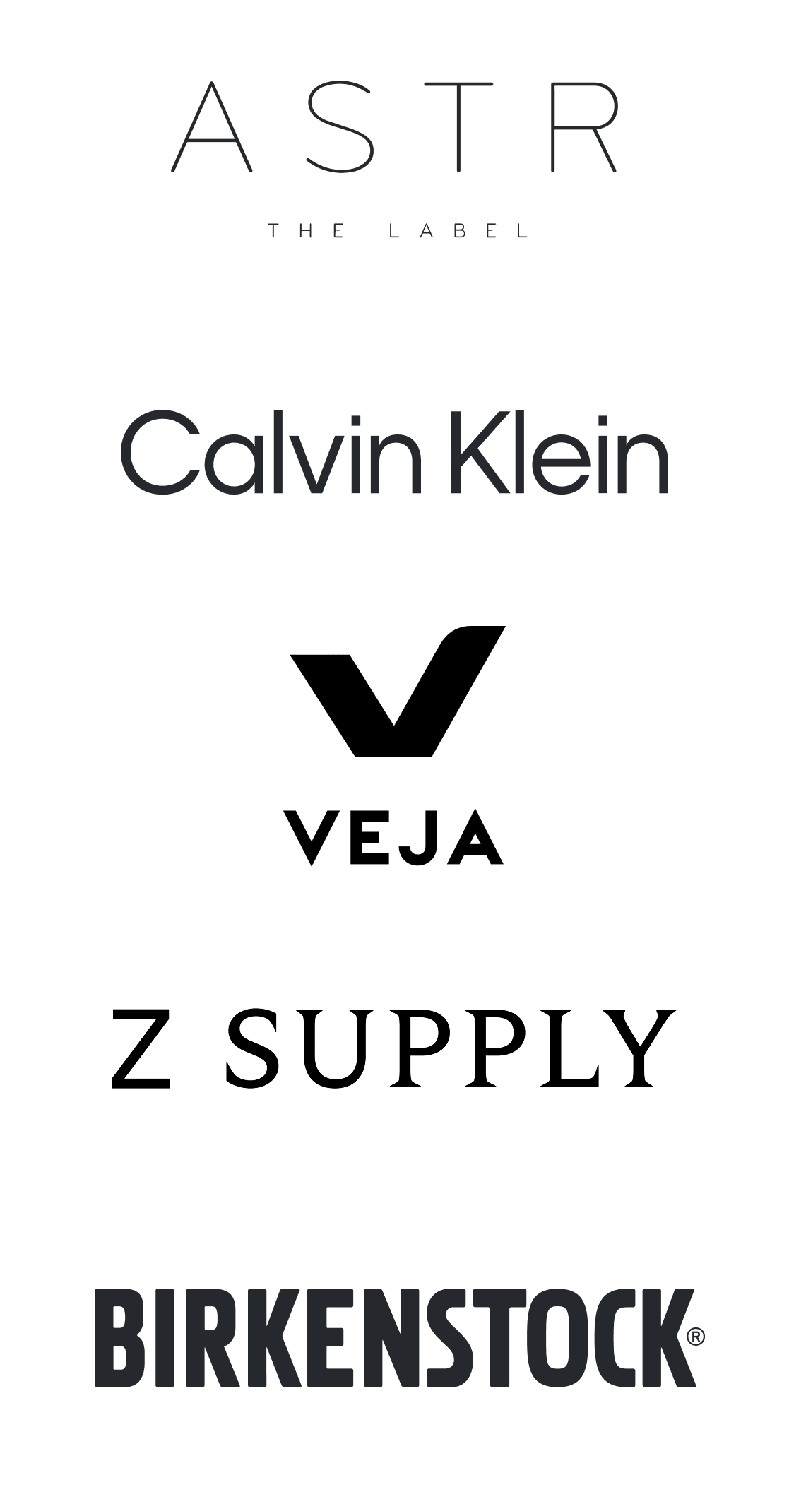 Stitch Fix brands including ASTR The Label, Calvin Klein, Veja, Z Supply, and Birkinstock.
