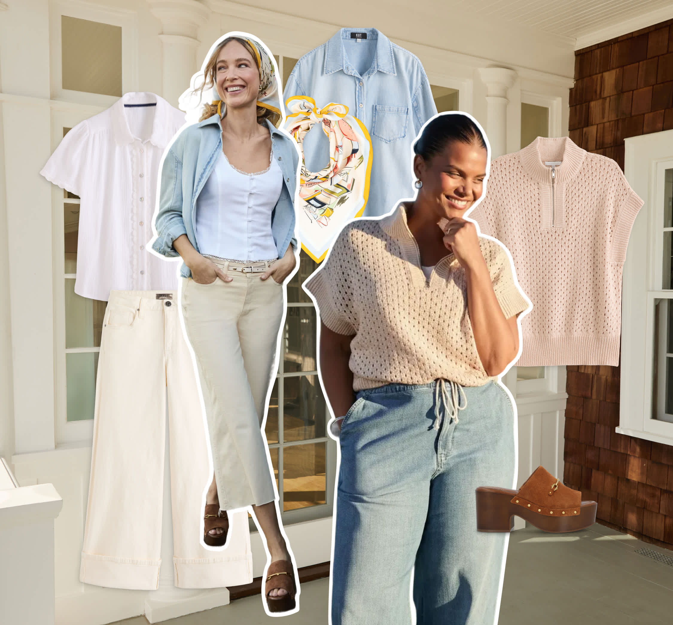 A collage of Stitch Fix items and two models on a front porch backdrop. From left to right: From left to right: A white button-down blouse, a pair of white jeans, a woman in a Stitch Fix outfit posing with her hands in her pockets, a blue denim overshirt, a patterned bandana, a woman in a Stitch Fix outfit smiling and posing with one hand in her pocket, a brown heeled clog, a woman in a Stitch Fix outfit smiling and looking away from the camera and a knit quarter-zip sweater.