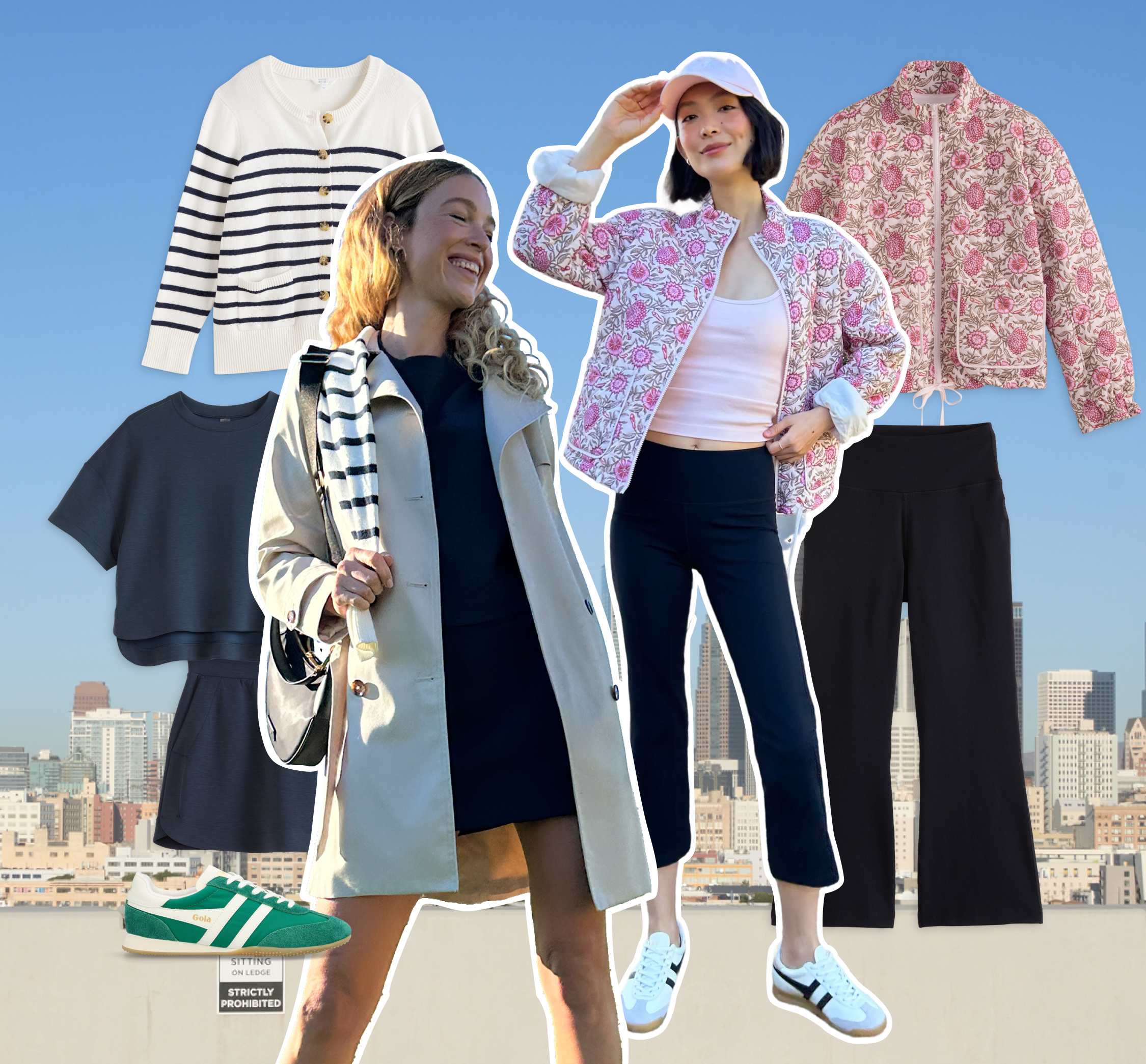 A collage of Stitch Fix items and three models on a city skyline backdrop. From left to right: a blue matching set composed of a tee shirt and skirt, a green sneaker, a blue and white striped sweater, a woman in a Stitch Fix outfit with a sweater draped over one shoulder, a woman in a Stitch Fix outfit posing with one hand on her baseball cap and the other on her hip, a pink quilted jacket and a pair of black pants.