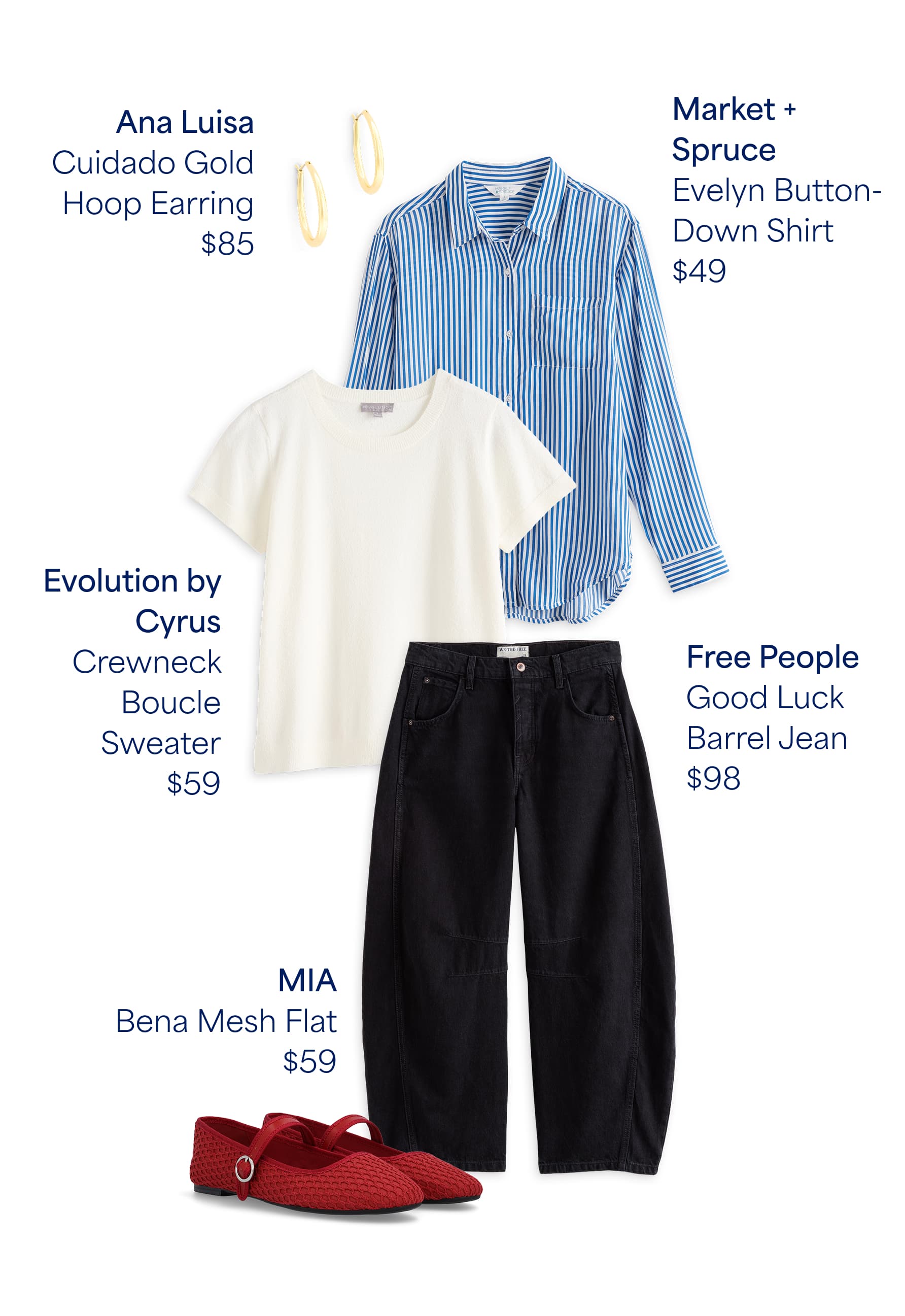 A collage of Stitch Fix items with text descriptions of each. Text overlays read: “Ana Luisa Cuidado Gold Hoop Earring $85 - Market + Spruce Evelyn Button-Down Shirt $49 - Evolution by Cyrus Crewneck Boucle Sweater $59 - Free People Good Luck Barrel Jean $98 - MIA Bena Mesh Flat $59”
