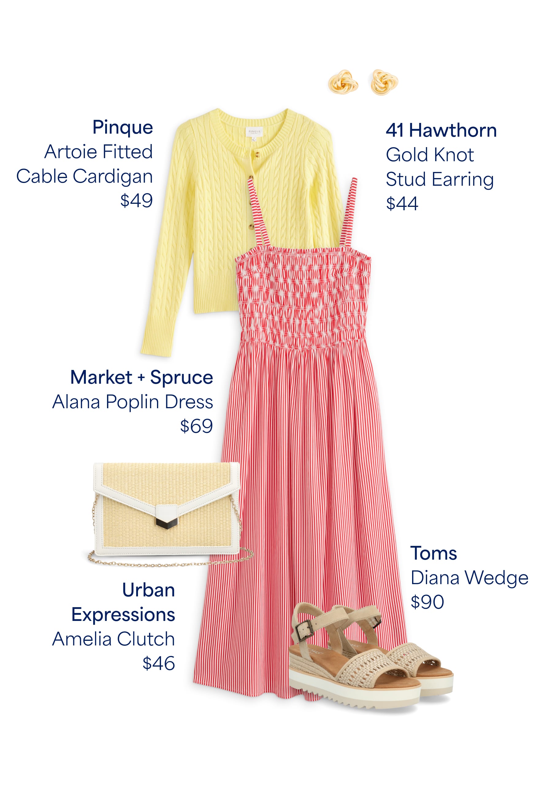 A collage of Stitch Fix items with text descriptions of each. Text overlays read: “Pinque Artoie Fitted Cable Cardigan $49 - 41 Hawthorn Gold Knot Stud Earring $44 - Market + Spruce Alana Poplin Dress $69 - Urban Expressions Amelia Clutch $46 - Toms Diana Wedge $90”