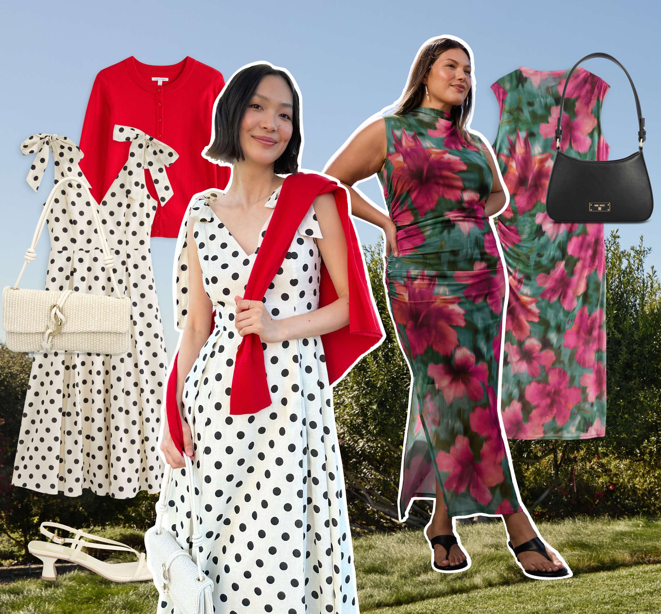A collage of Stitch Fix items and two models on a grassy backdrop. From left to right: A white purse, a polka dot dress, a red sweater, a white heeled shoe, a woman wearing a Stitch Fix outfit and smiling at the camera while holding a sweater draped over her shoulder, a woman wearing a Stitch Fix outfit and posing for the camera with her hands on her hips, a floral dress and a black purse.