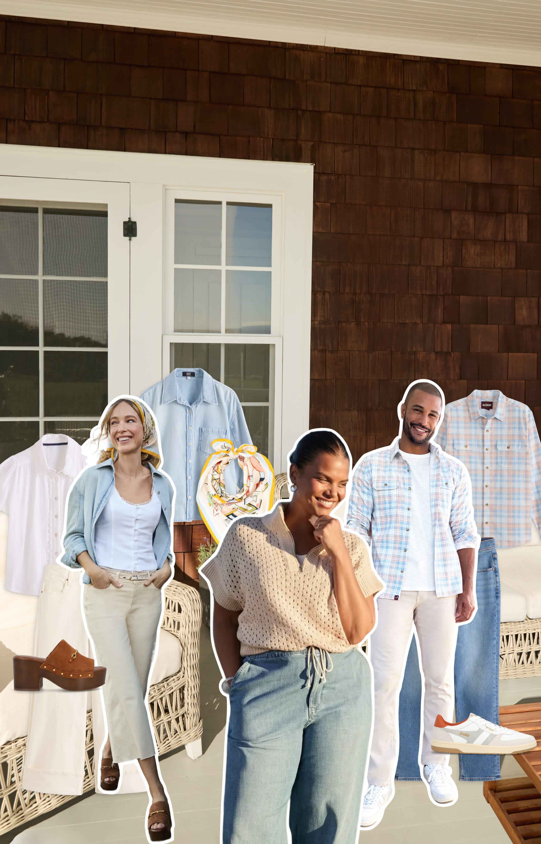 A collage of Stitch Fix items and three models on a front porch backdrop. A text overlay reads: “”Why can’t I find jeans that fit?” - Your Stylist sends pieces in your size, style and budget. Easy. - Take the quiz, get $20 off.” From left to right: A white button-down blouse, a brown heeled clog, a pair of white jeans, a woman in a Stitch Fix outfit posing with her hands in her pockets, a blue denim overshirt, a patterned bandana, a woman in a Stitch Fix outfit smiling and posing with one hand in her pocket, a man in a Stitch Fix outfit smiling at the camera, a plaid button-down shirt, a pair of blue jeans, a white sneaker.