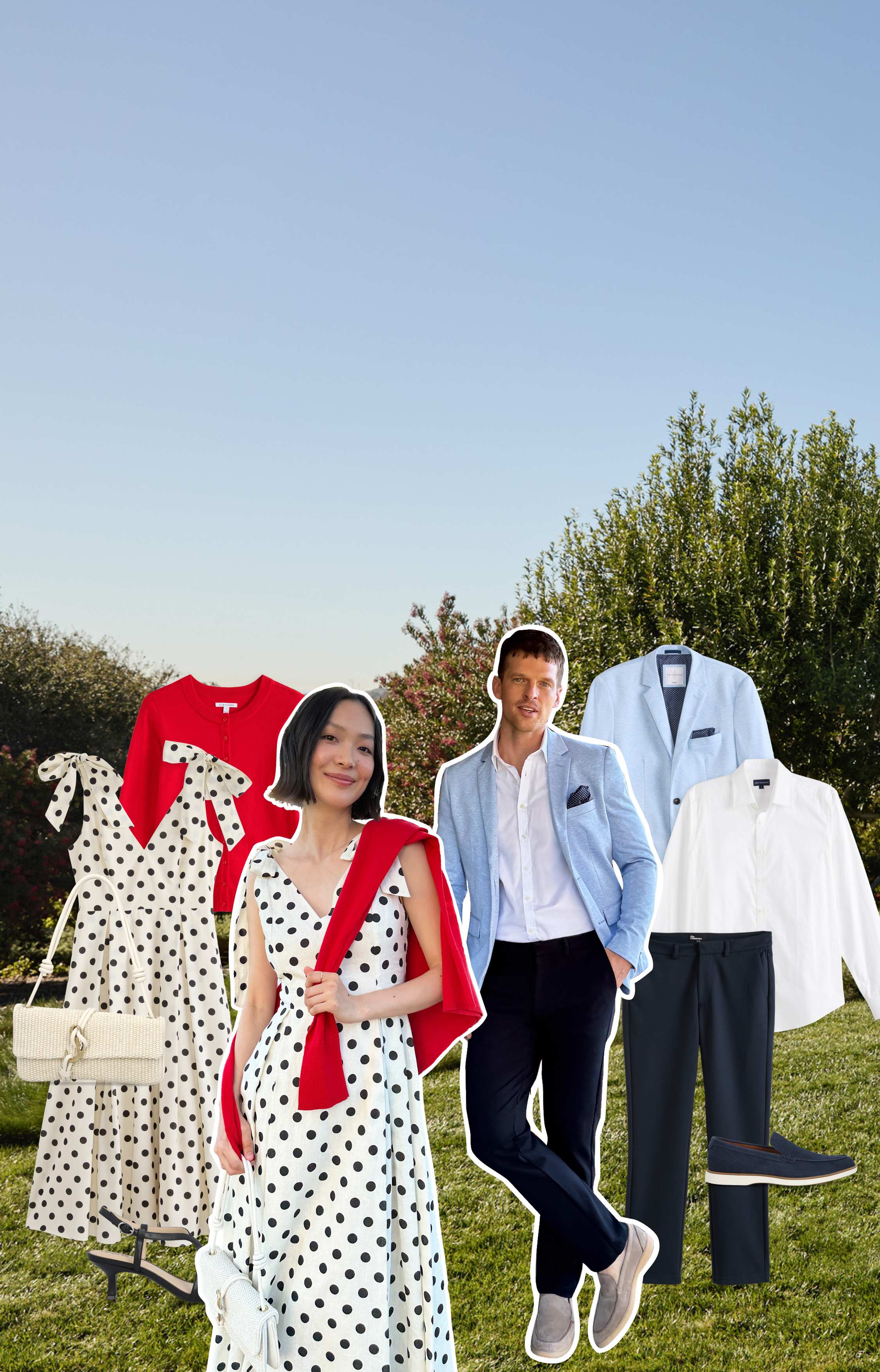 A collage of Stitch Fix items and two models on a grassy backdrop. A text overlay reads: “”How can I update my wardrobe?” - Your Stylist sends pieces in your size, style and budget. Easy. - Take the quiz, get $20 off.” From left to right: A white purse, a polka dot dress, a red dress, a black heeled shoe, a woman wearing a Stitch Fix outfit and smiling at the camera while holding a sweater draped over her shoulder, a man wearing a Stitch Fix outfit and posing for the camera with one hand in his pocket, a light blue blazer, a white button-down shirt, a pair of slacks, a slip-on dress shoe.