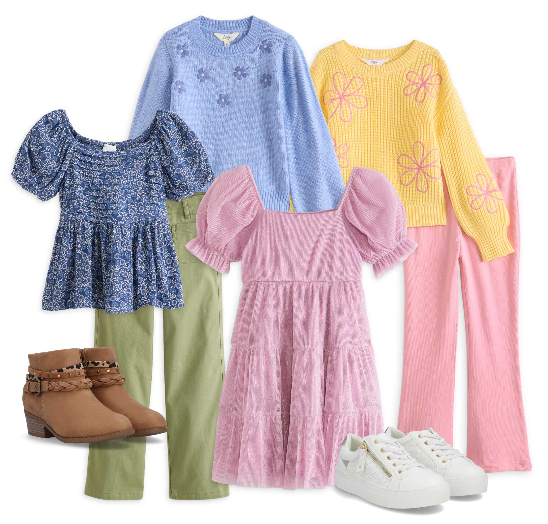 A collage of Stitch Fix items with text descriptions of each. Text overlays read: “RUMI + RYDER Sweater and Flare Legging Set $40 / Bixby Nomad Misty Graphic Jacquard Pullover $30 / Market + Spruce The Emery Peplum Top $25 / Market + Spruce SizeFlex Adjustable Waistband Wide-Leg Coin Pocket Pant $30 / Chenault Girl Rina Plisse Puff Short-Sleeve Dress $35 / MIA Kids Lil Jilie Sneaker $40 / Blowfish Malibu Kids Sierra-K Boot $44” 