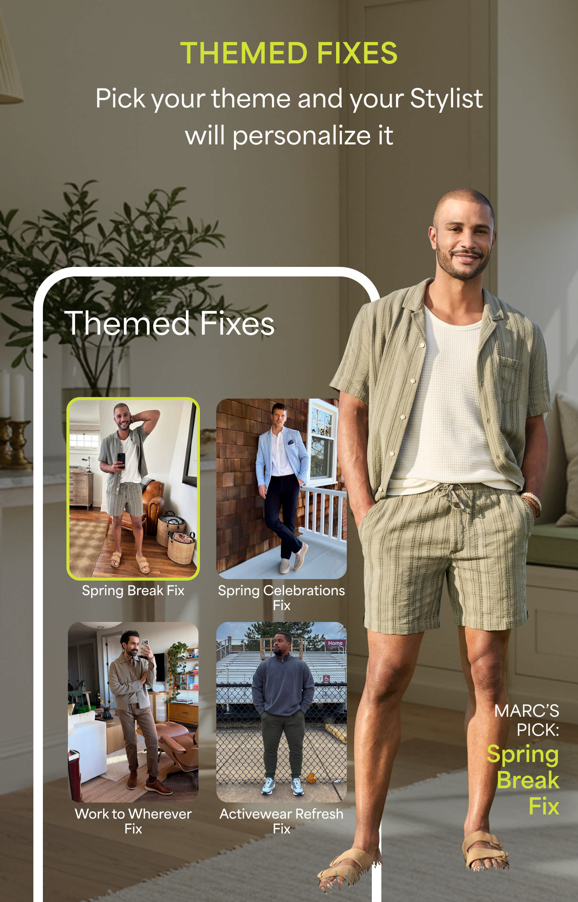 Image shows a collage with two separate mockups of the Stitch Fix app with a woman in the center wearing a Stitch Fix outfit.Text overlay at the top reads “Make your pick, we’ll style your Fix - Choose an item and your Stylist will build a Fix around it”. The first app mockup on the left shows a striped shirt. Text reads: “Long Sleeve Boatneck Rib Knit Top”. A button below the shirt reads “Get it in a Fix”. The second app mockup on the right shows a collage of Stitch Fix items, including the striped shirt. A message from a Stitch Fix Stylist reads: “Love your pick—here’s your Fix!” There is a small headshot of a woman Stylist below.