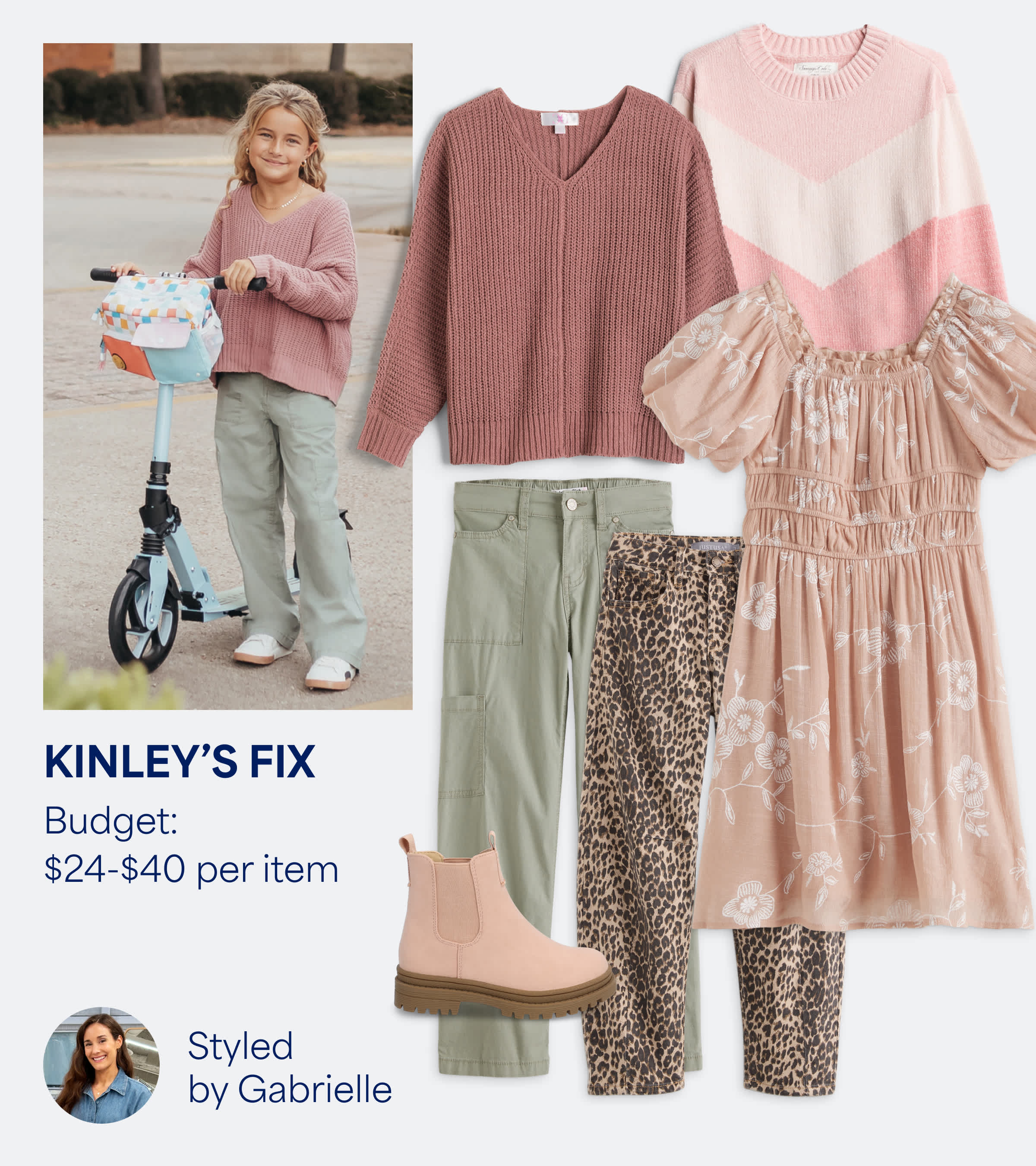 A collage featuring an image of a kid Stitch Fix client with several Stitch Fix items and some text overlays. From left to right: a kid wearing a Stitch Fix outfit standing next to a scooter, a small headshot of a Stitch Fix Stylist, a pink sweater, a pair of green pants, a pink boot, a patterned pink sweater, a pair of leopard print pants and a pink dress. Text overlays read: “KINLEY’S FIX - Budget: $24-$40 per item - Styled by Gabrielle”.
